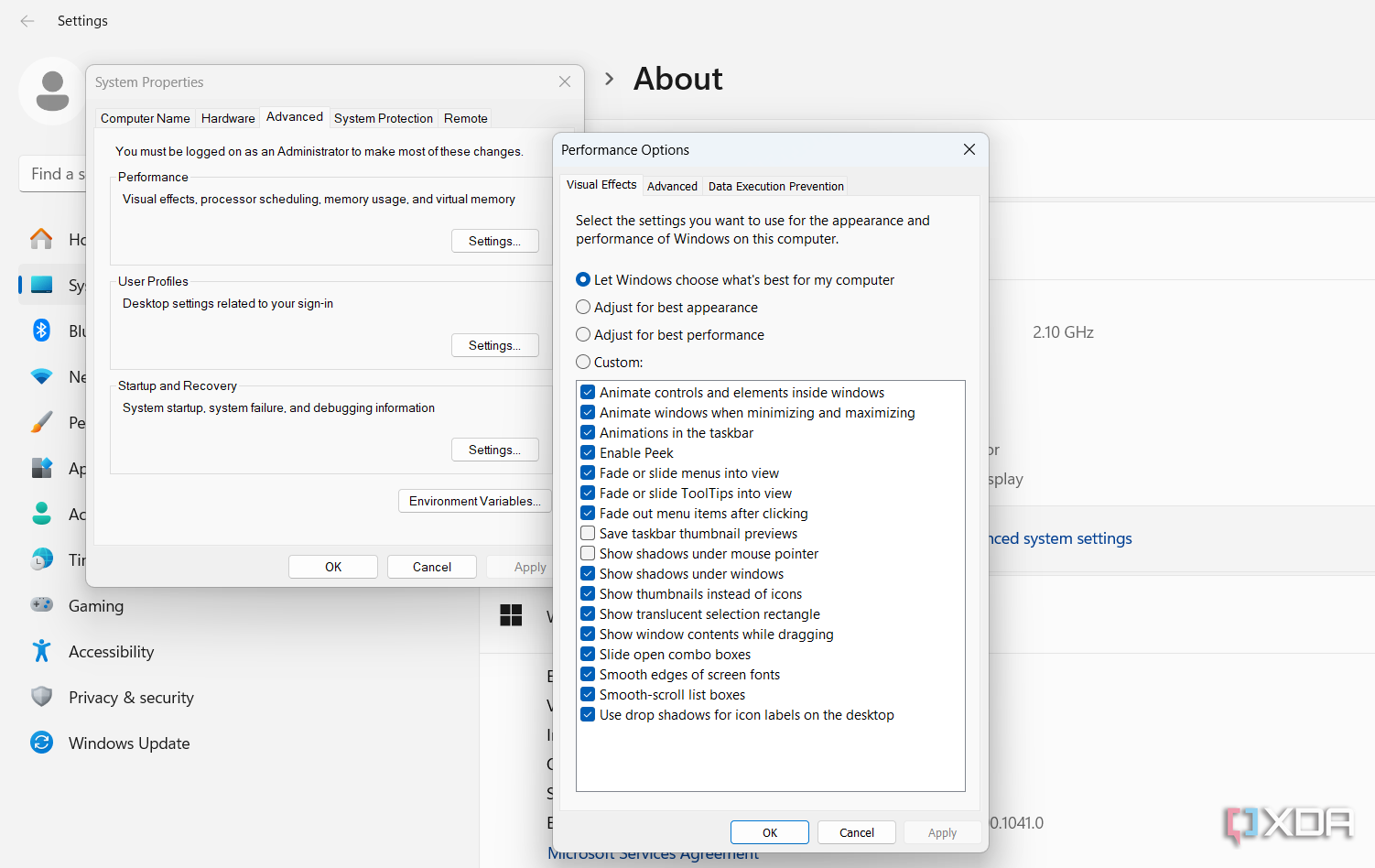 Captura de pantalla que muestra las opciones de rendimiento de Windows