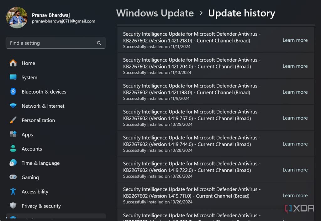 Captura de pantalla del historial de actualizaciones de seguridad de Windows