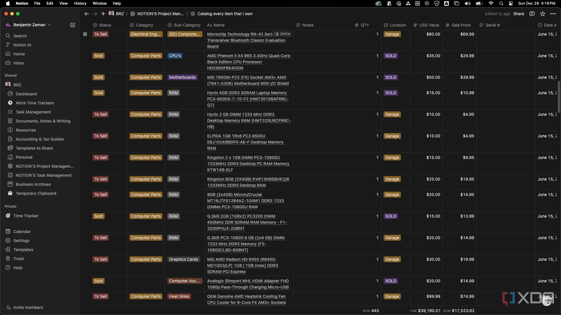 Ejemplo de base de datos de Notion para un proyecto que cataloga todos los elementos que posee