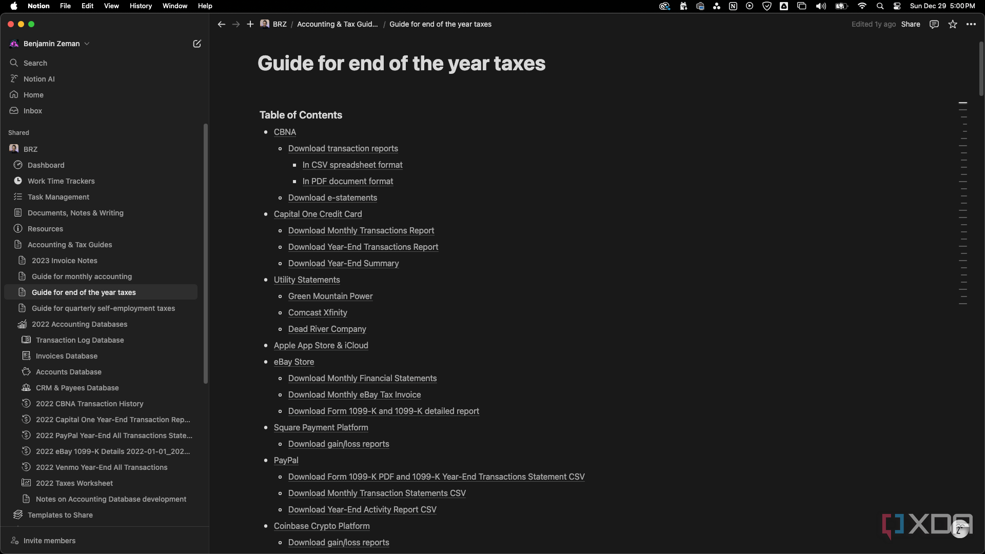 Tabla de contenidos de la guía de documentación de Notion sobre un sistema contable e impositivo