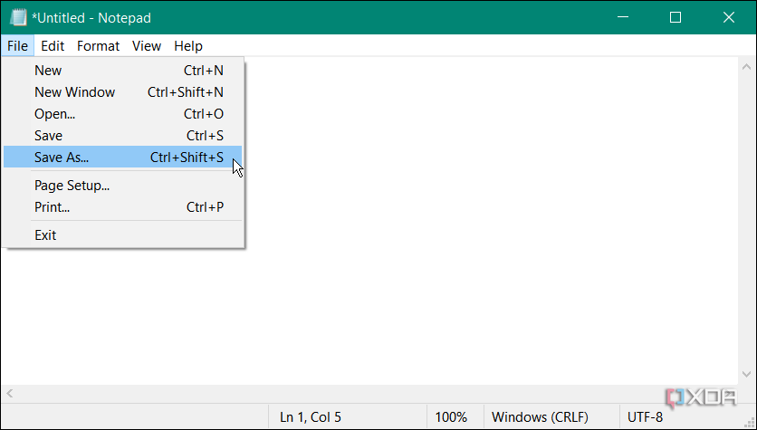 Shows file save as option in Notepad on Windows