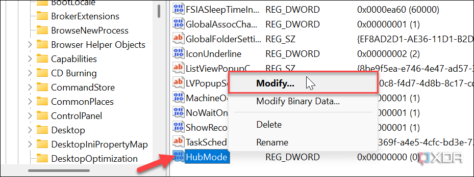 Seleccionar modificar desde el menú de HubMode con clic derecho