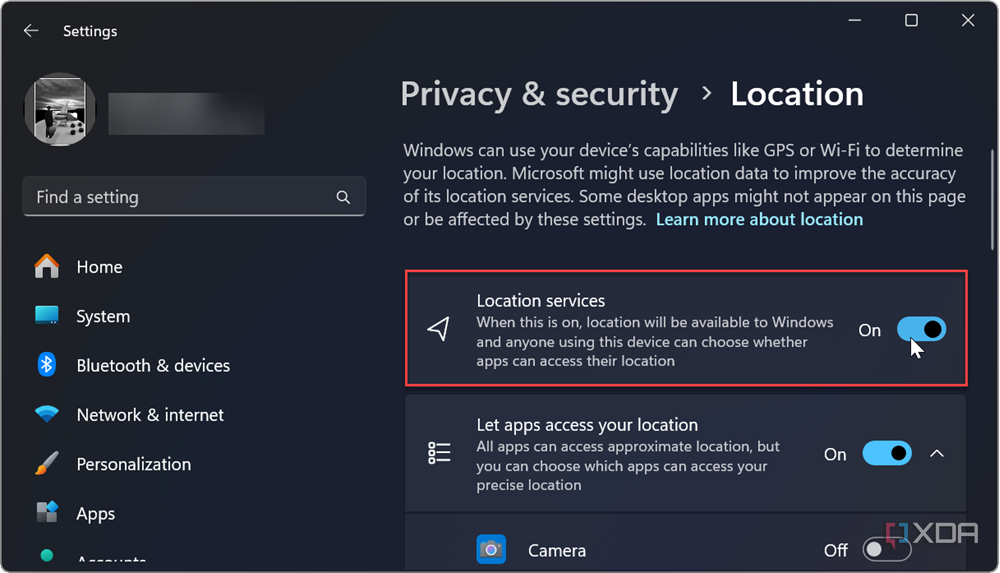 shows how to turn on location data settings in windows 11