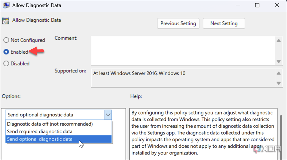 enable allow diagnostics data policy and set to send optional dianostic data