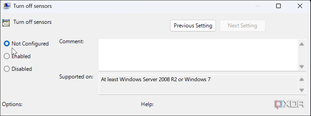 screenshot showing Turn off sensors policy set to not configured