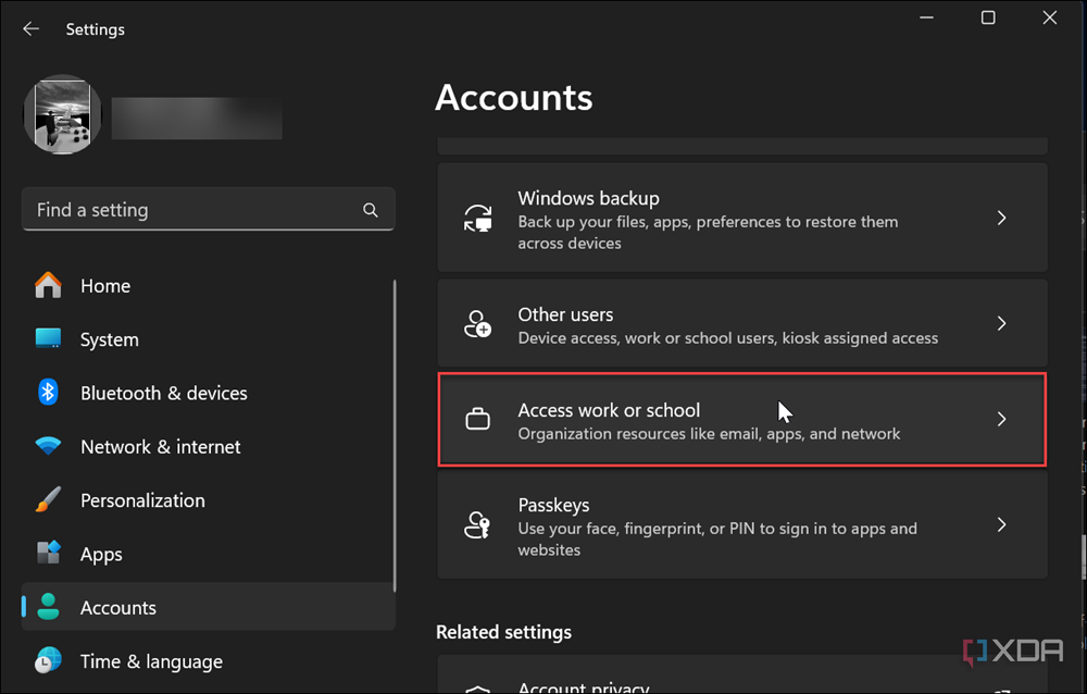 shows access work or school accounts on Windows 11