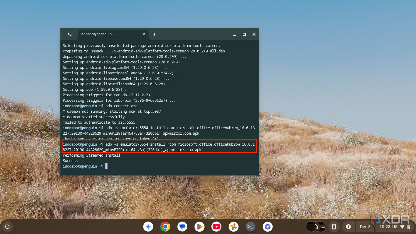 Captura de pantalla de la terminal de Linux en Chrome OS que muestra un comando ADB para instalar una aplicación