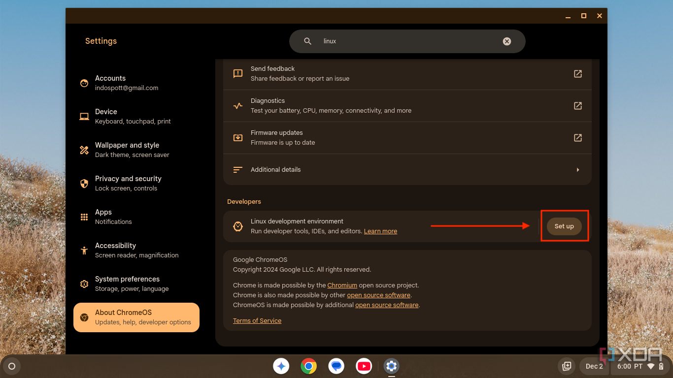 Captura de pantalla de la configuración de ChromeOS que muestra la opción para configurar un entorno de desarrollo de Linux