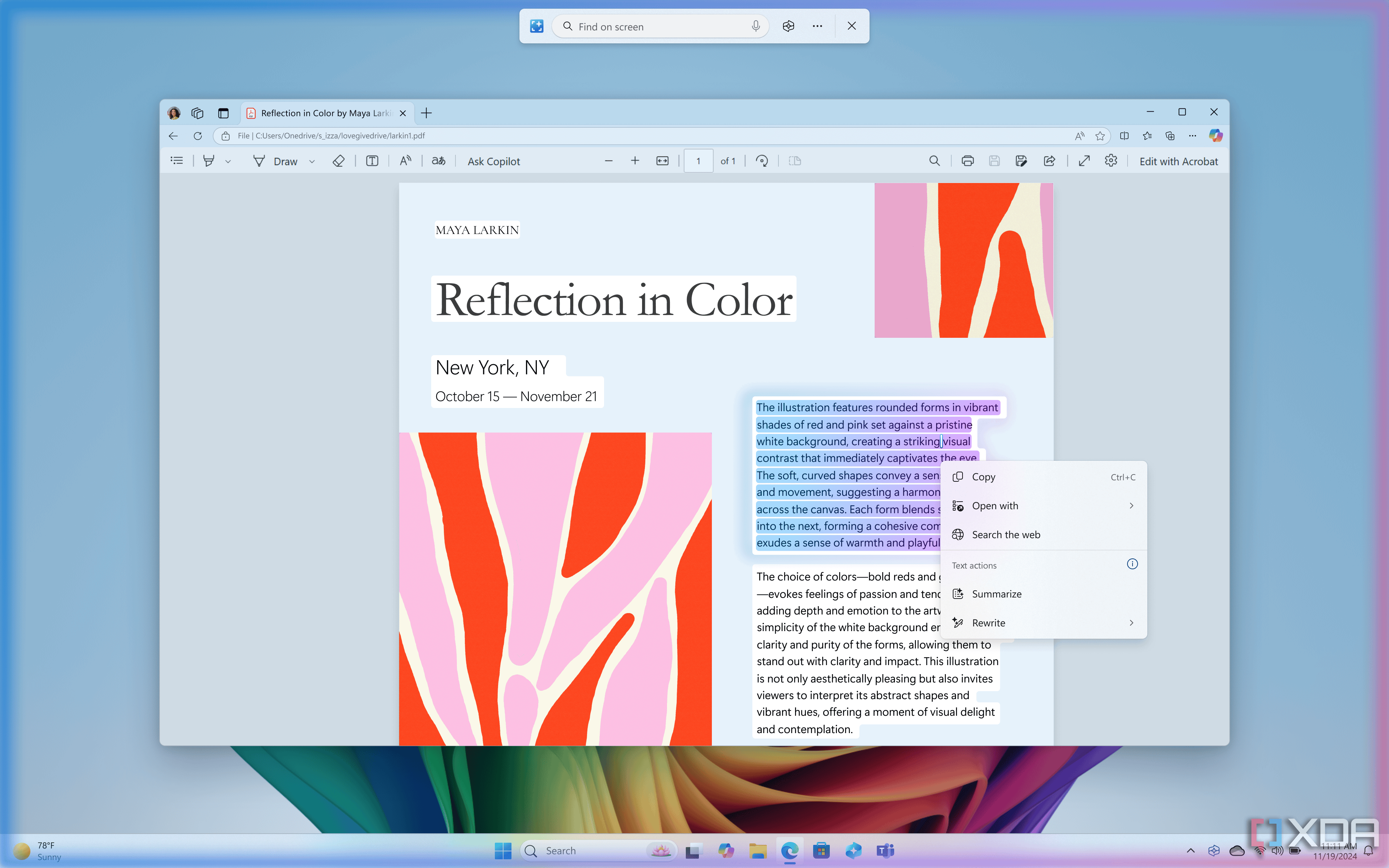 Captura de pantalla de Windows 11 con Click To Do habilitado que muestra acciones de texto para resumir o reescribir el texto seleccionado