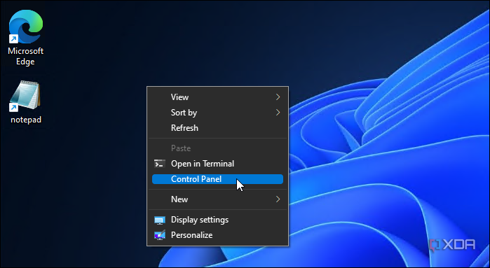 showing the control panel option showing on desktop context menu on Windows 11