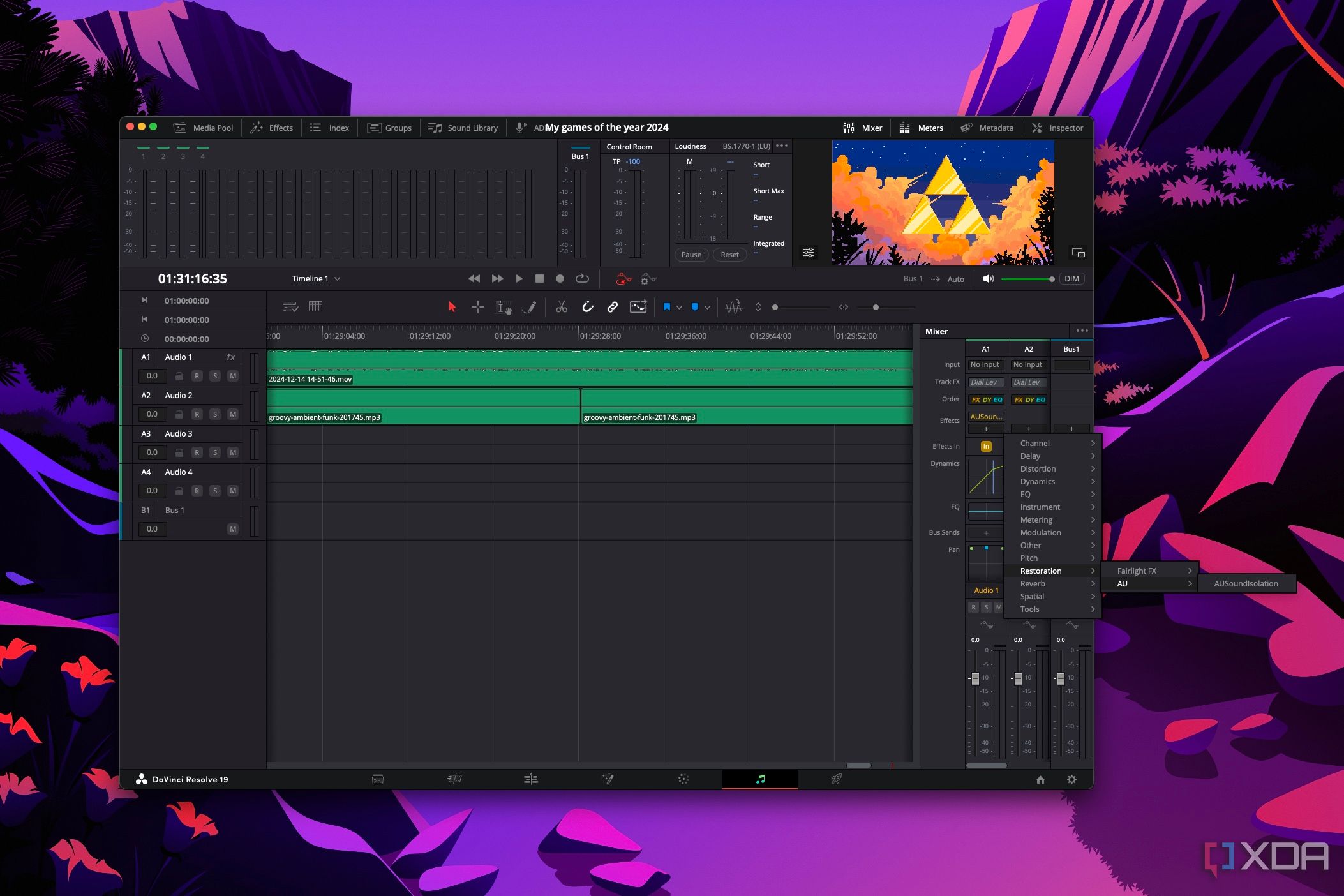 Screenshot of DaVinci Resolve showing available sound effects on macOS