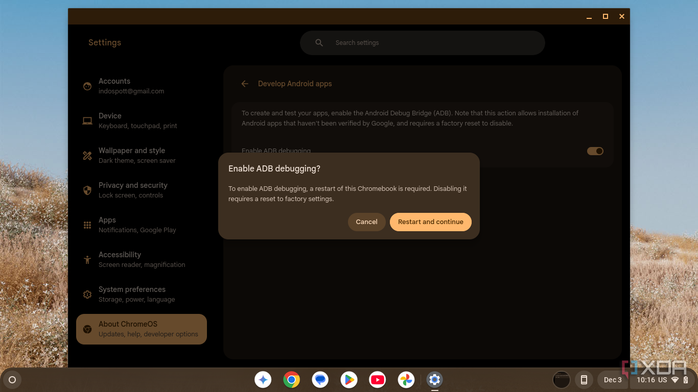 Captura de pantalla de la configuración de Chrome OS que muestra un mensaje para confirmar la habilitación de la depuración USB