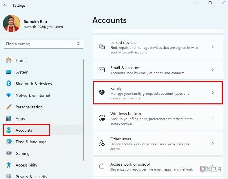 Family option in Account settings