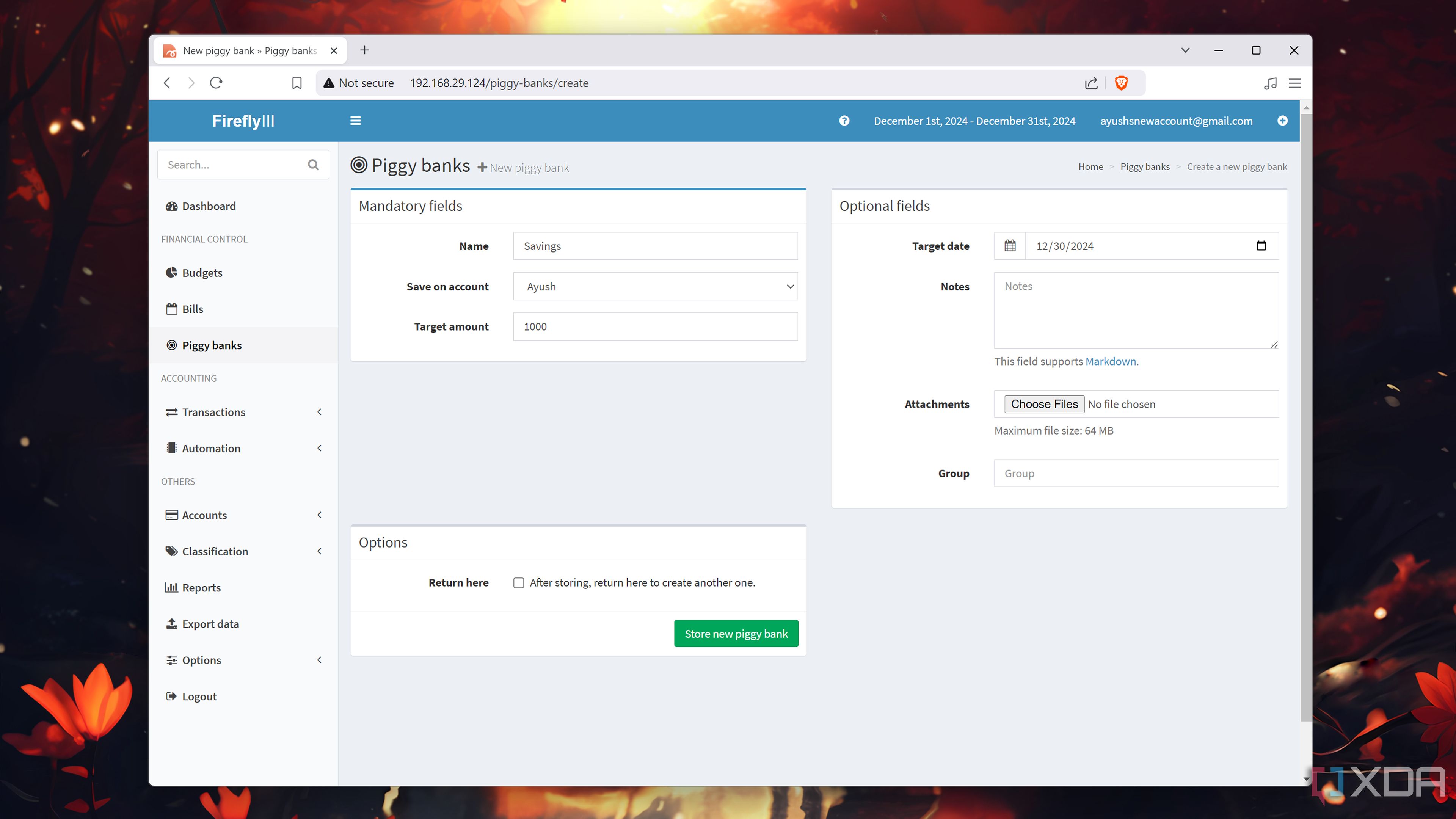 The Piggy Bank tab in the Firefly III web UI