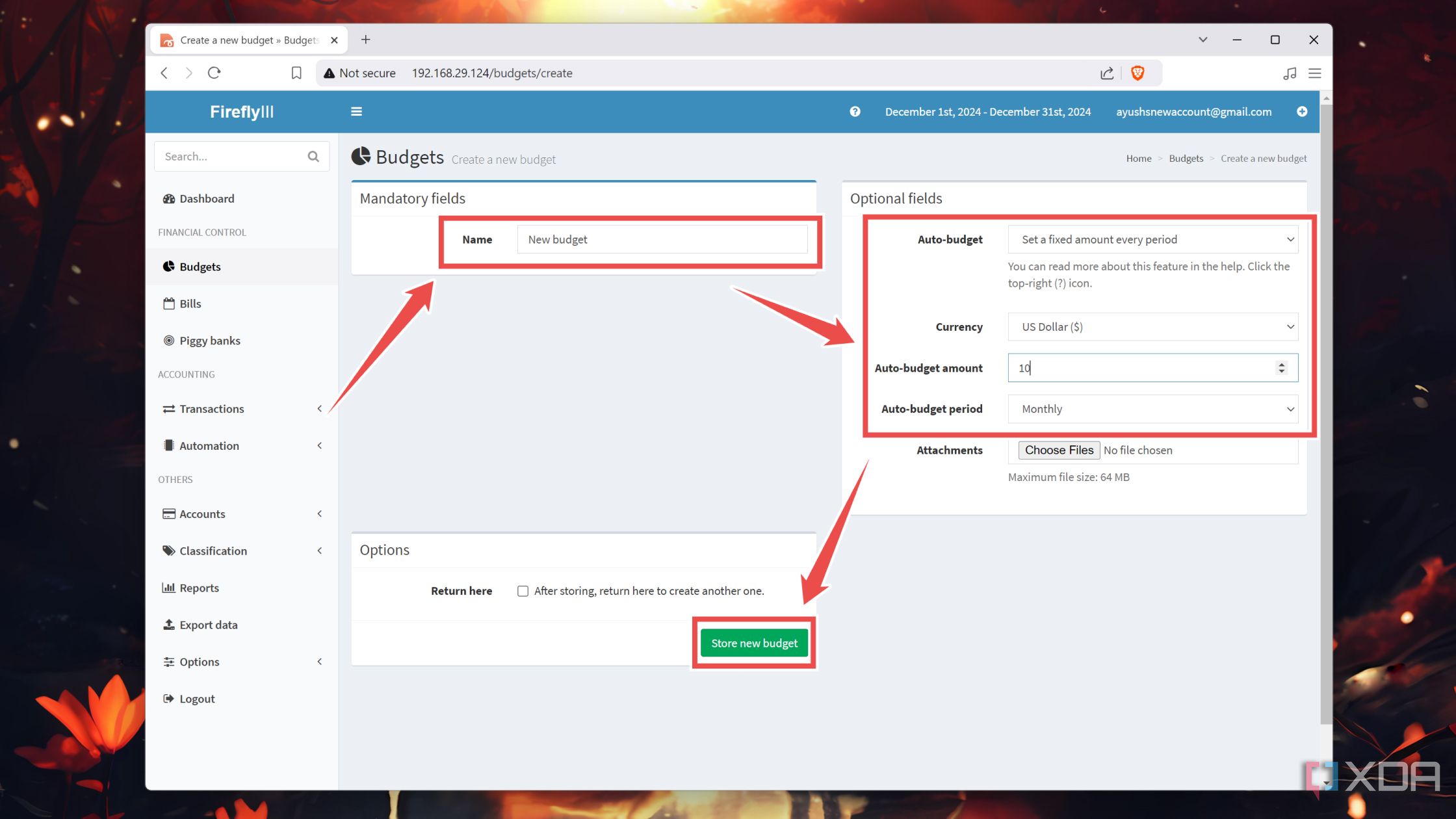 Ingresar los valores para crear un presupuesto en la interfaz web de Firefly III