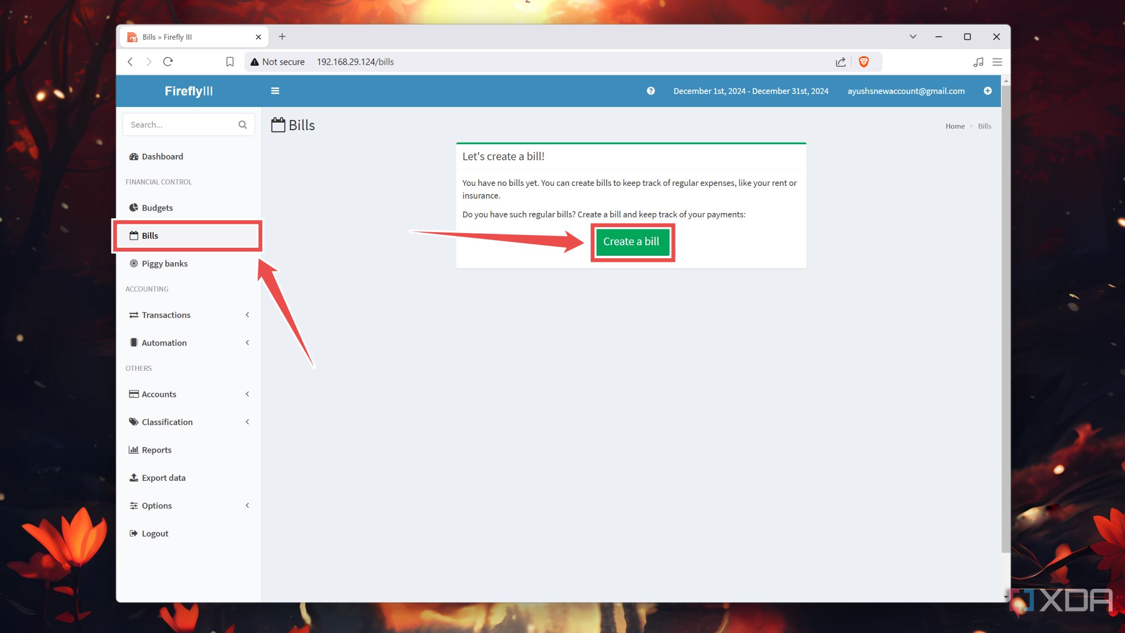 Creación de una factura en la interfaz web de Firefly III