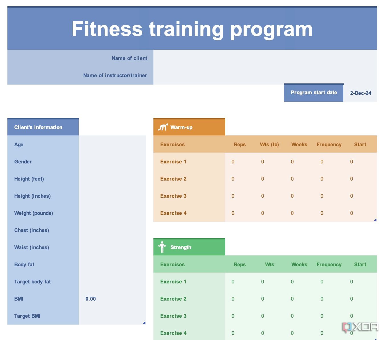 Plantilla de Excel para programa de entrenamiento físico