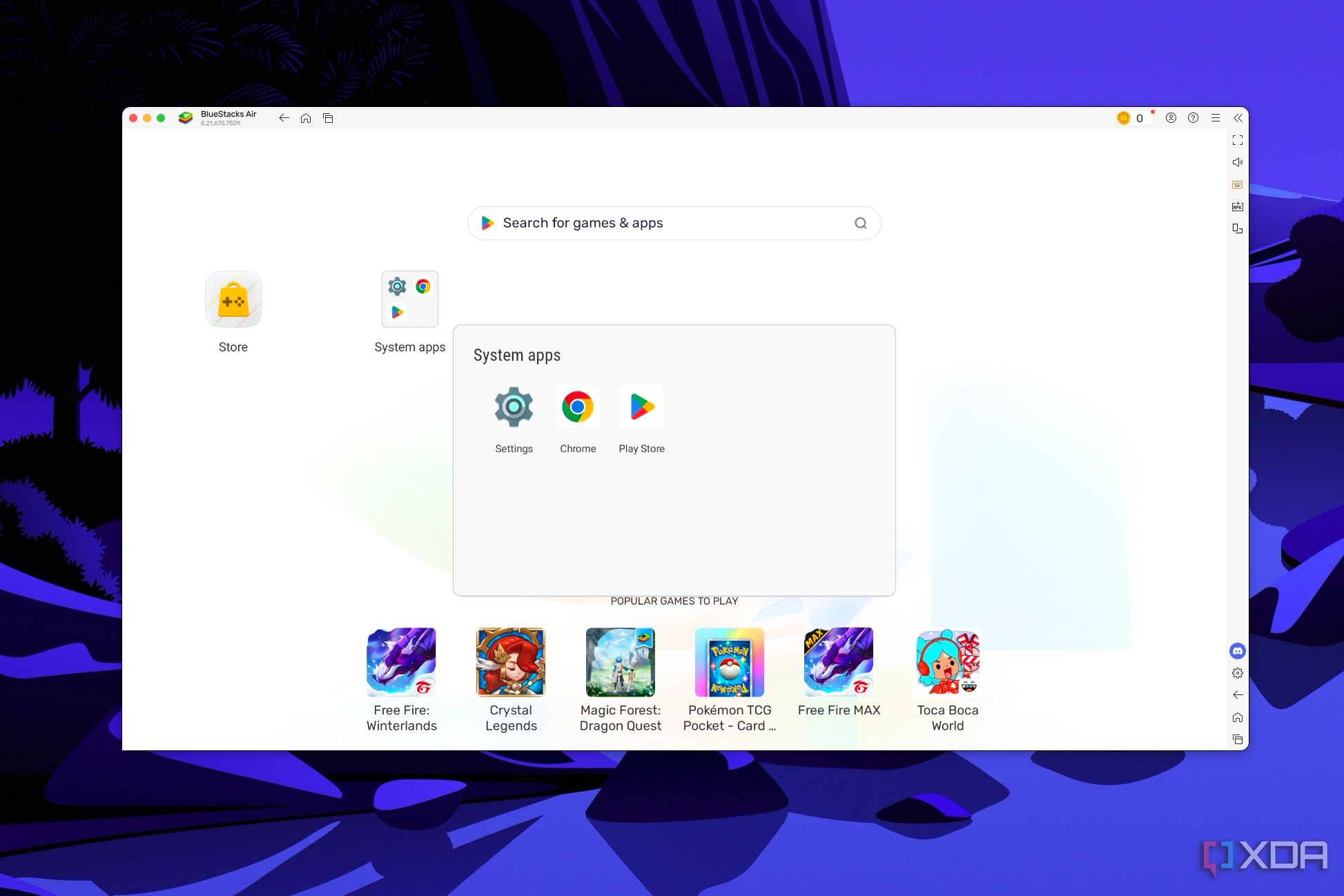 Captura de pantalla de la pantalla de inicio en Bluestacks que muestra Google Play Store