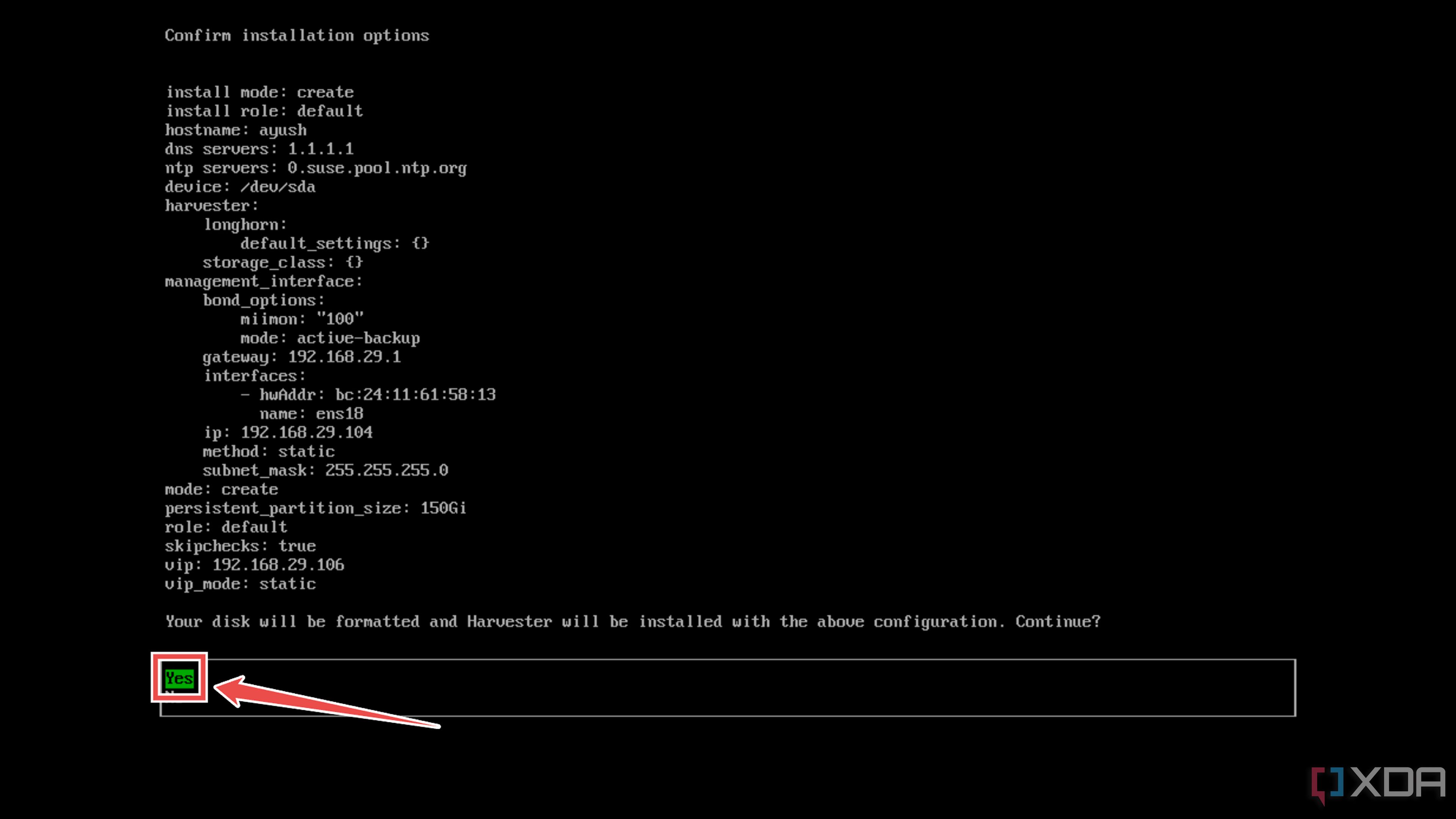 Presionando Sí para instalar Harvester