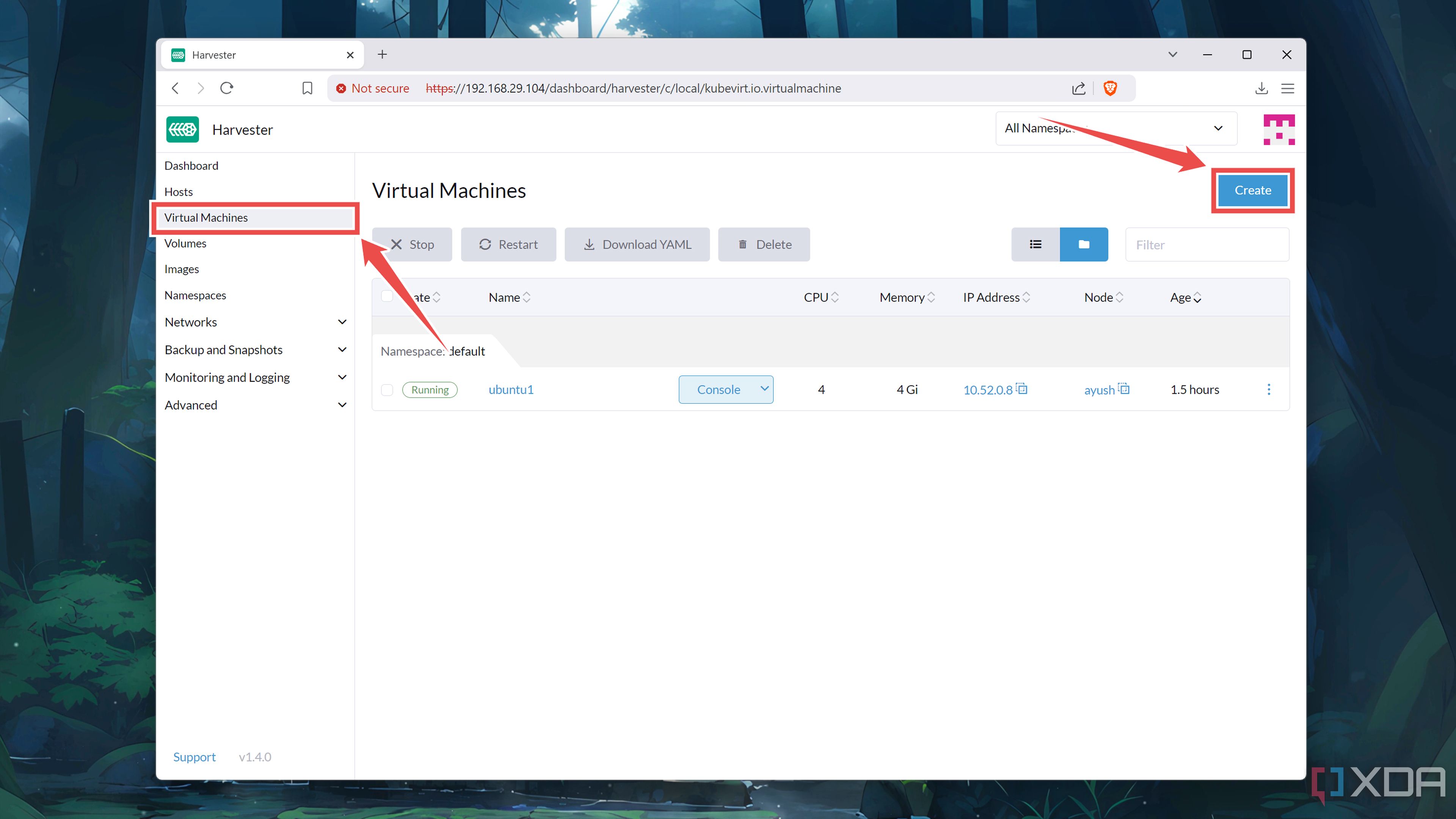 Creación de una nueva máquina virtual en la interfaz web de Harvester