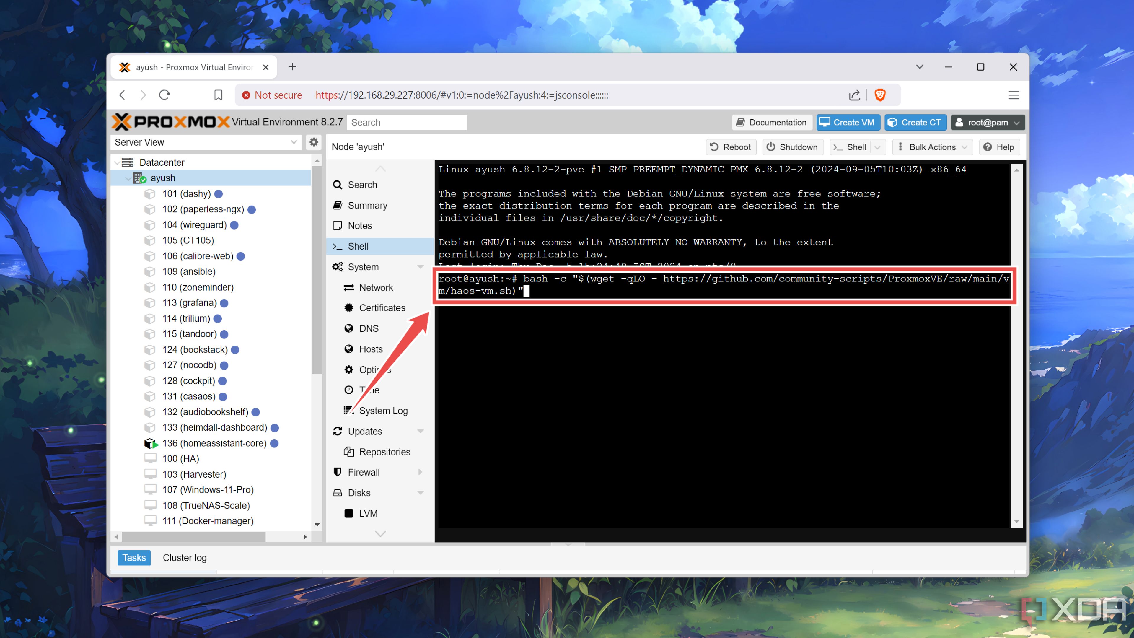 El comando para instalar HASS dentro de una VM en Proxmox