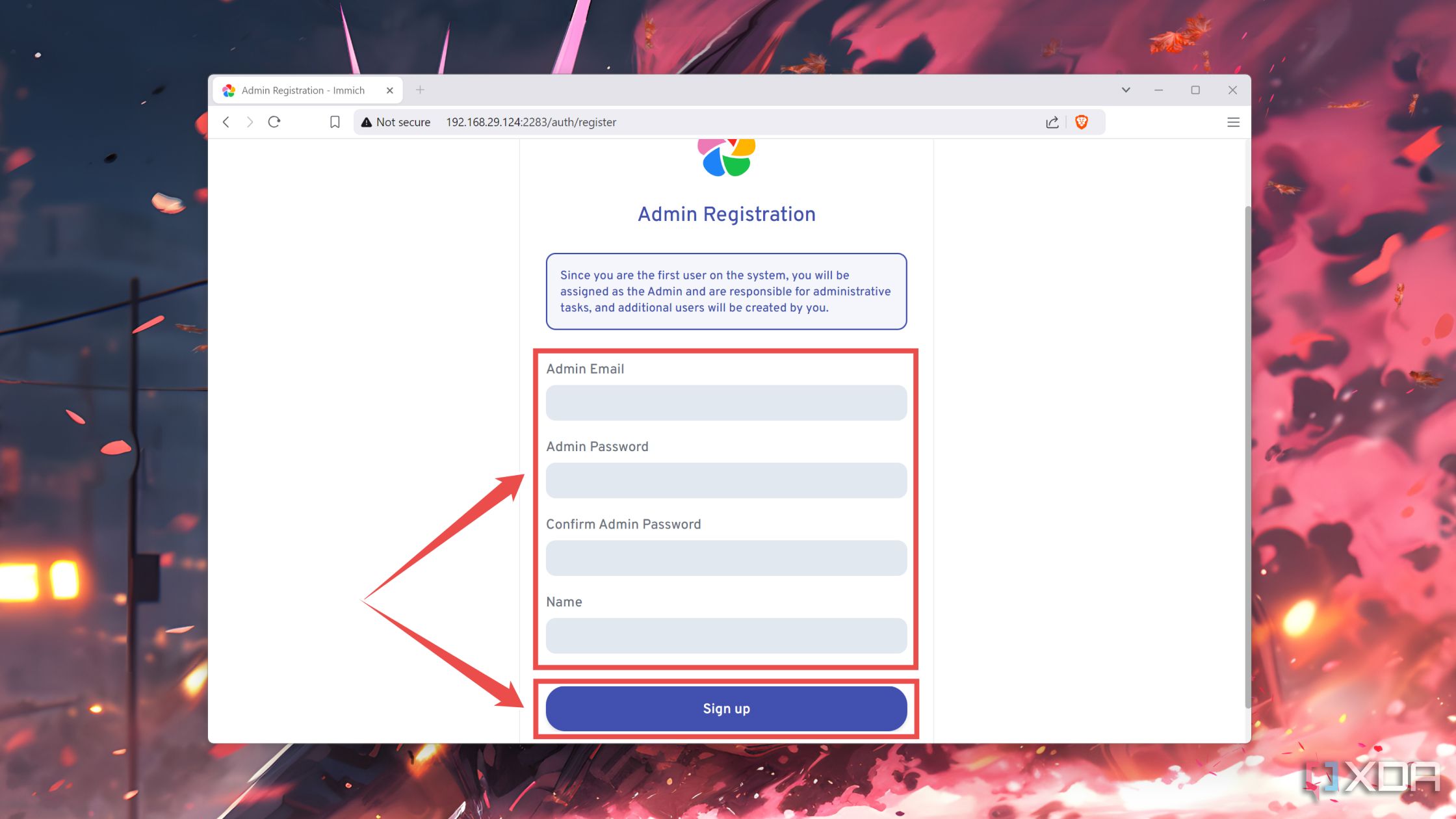 Ingresar las credenciales de la cuenta en la interfaz web de Immich