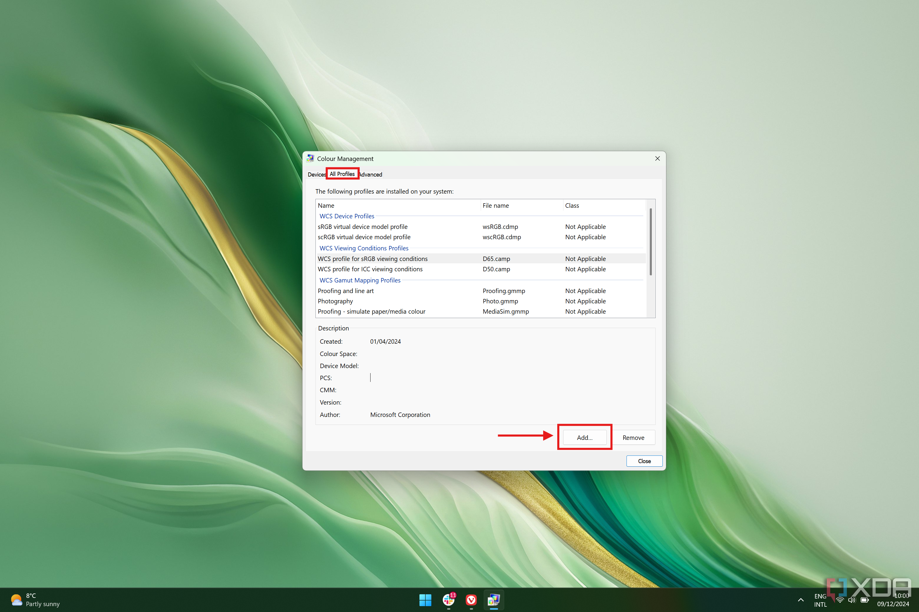 Captura de pantalla de la configuración de gestión de color que muestra una lista de todos los perfiles disponibles. El botón para agregar un perfil de color está resaltado.