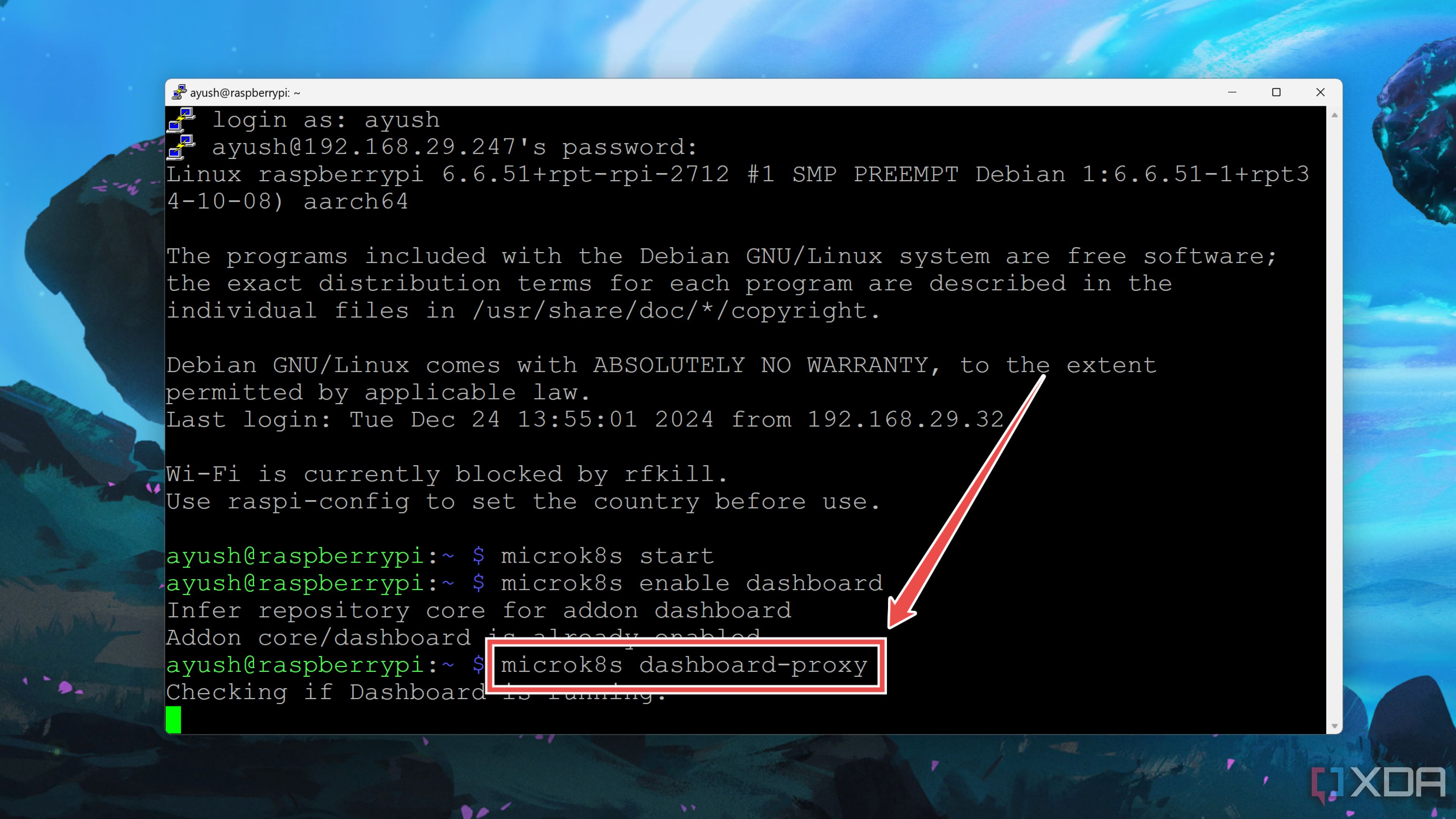 Ejecución del comando proxy del panel de control de MicroK8s