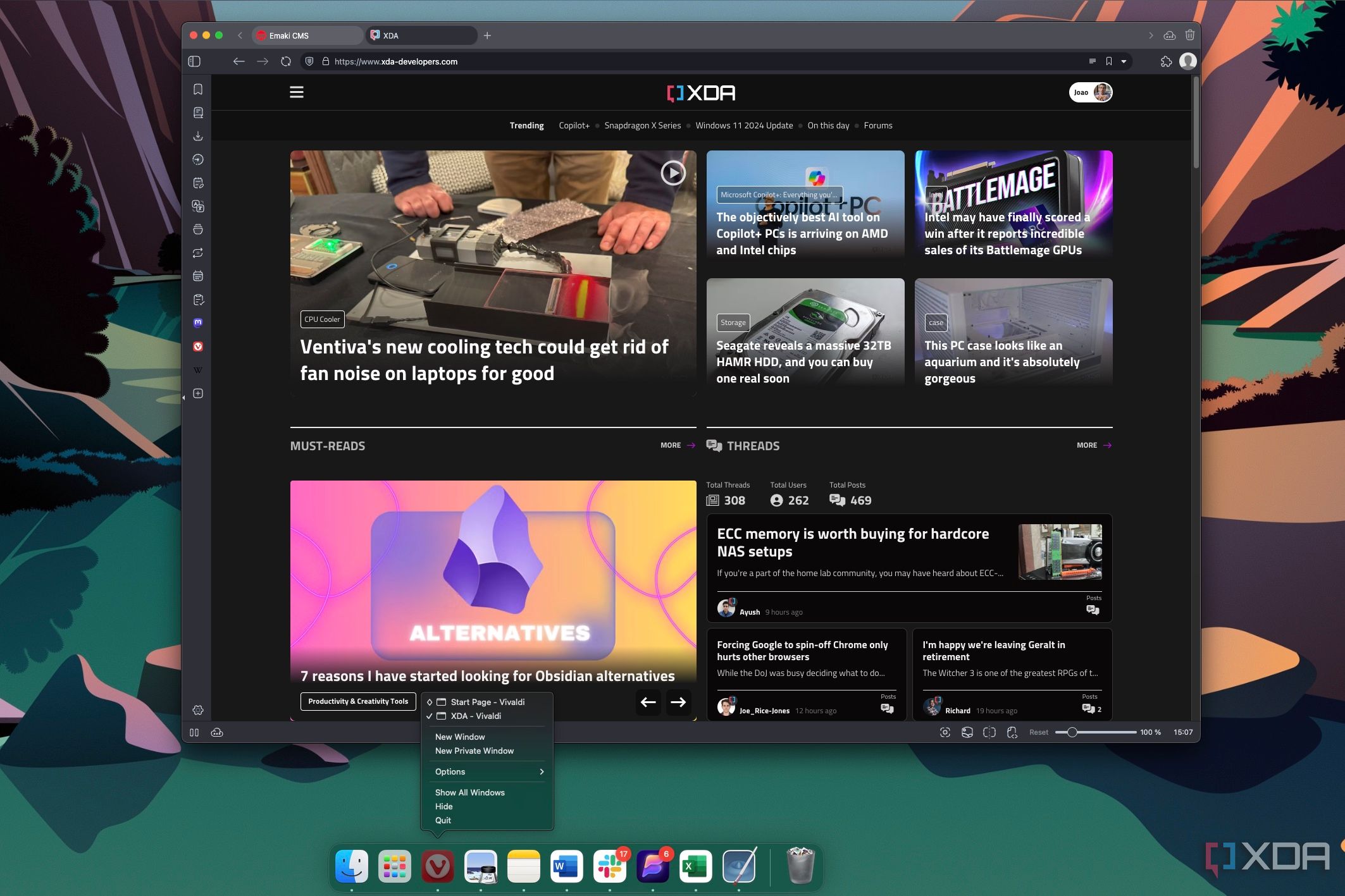 Captura de pantalla de macOS que muestra una ventana de Vivaldi abierta con un ícono de Vivaldi en el dock que muestra todas las ventanas disponibles para él