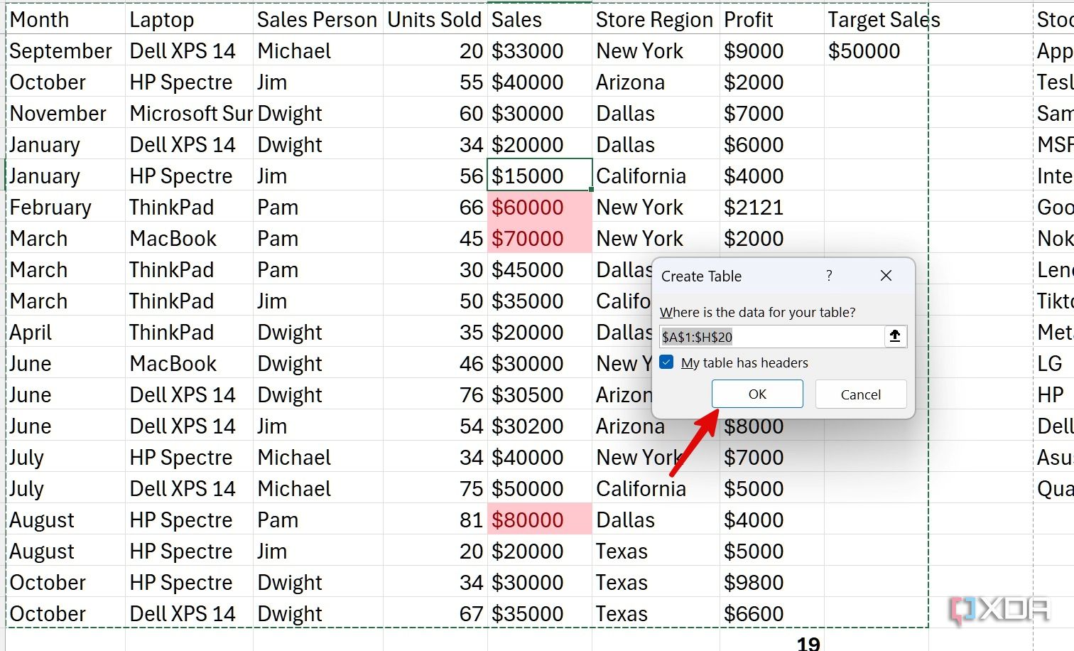 Insert a table in Excel