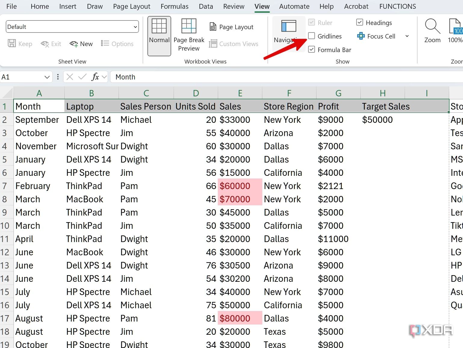 disable gridlines in Excel