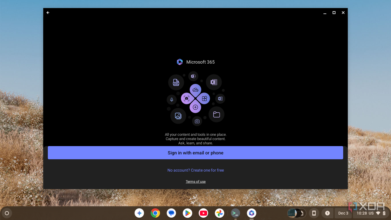 Captura de pantalla de la aplicación Microsoft 365 para Android en Chrome OS