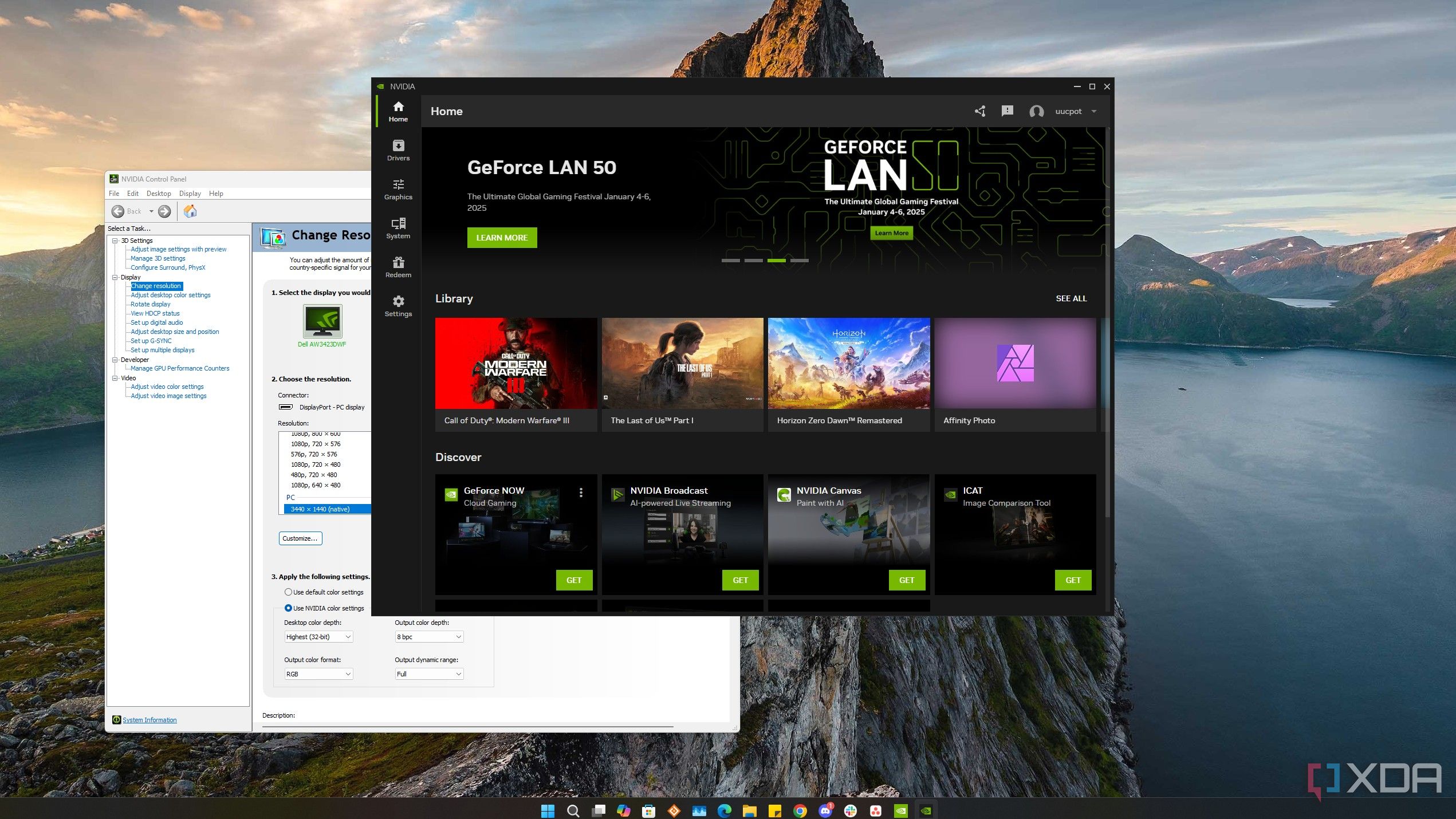 Captura de pantalla del escritorio de Windows 11 con el panel de control de Nvidia y la aplicación de Nvidia abiertas