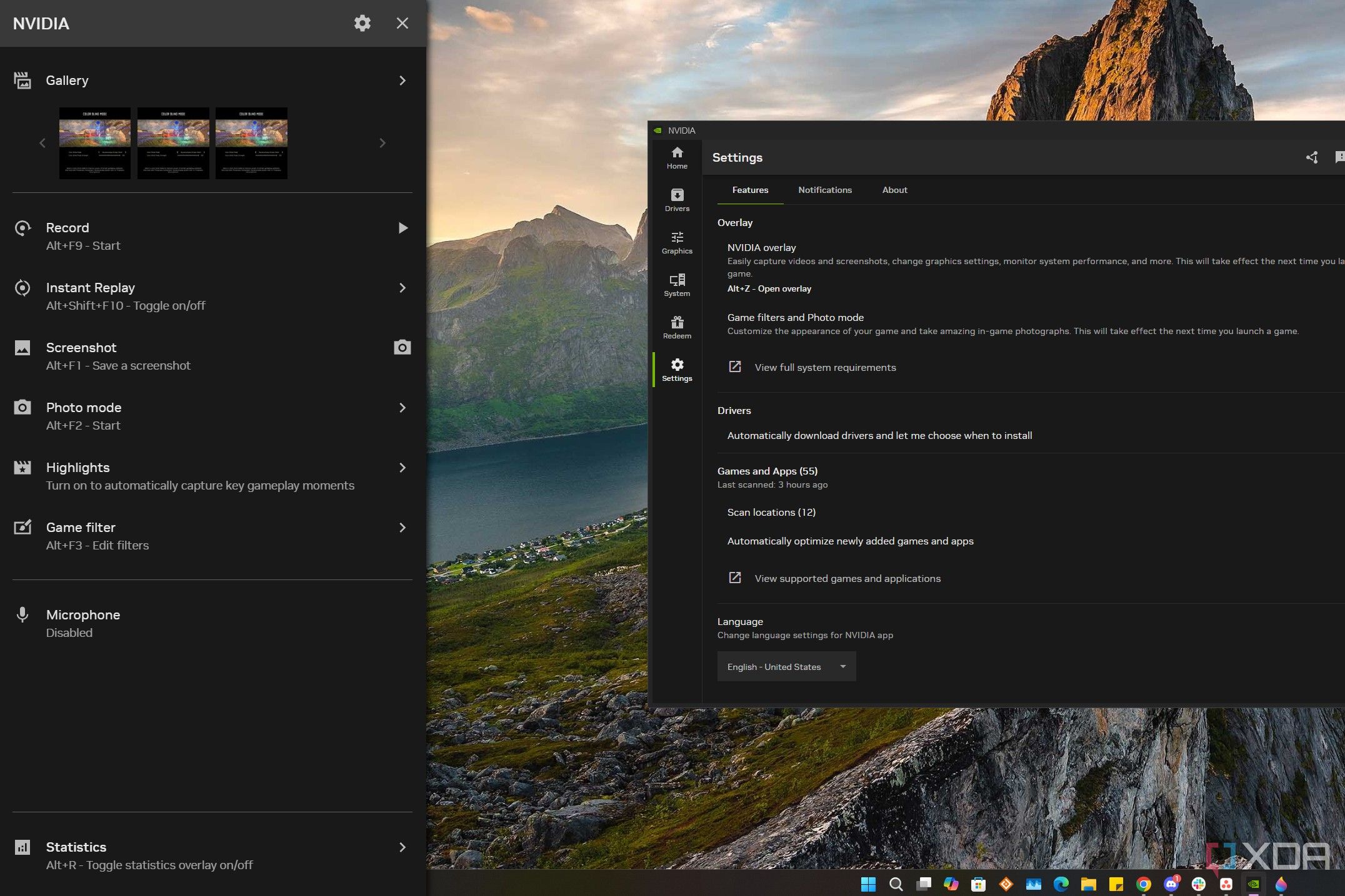 Captura de pantalla del escritorio de Windows 11 con la superposición de Nvidia abierta