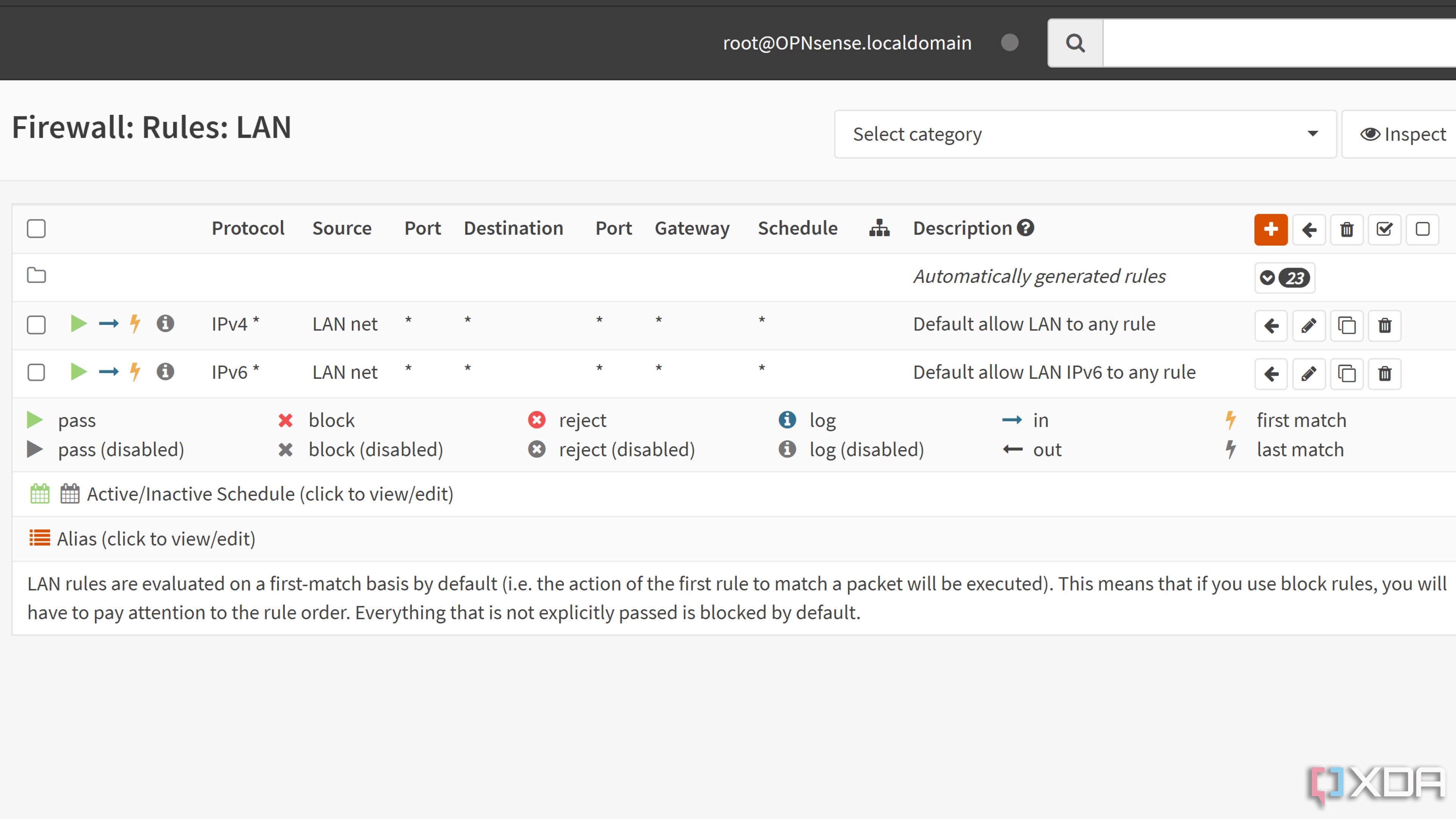 La pestaña Reglas de firewall en la interfaz web de OPNsense