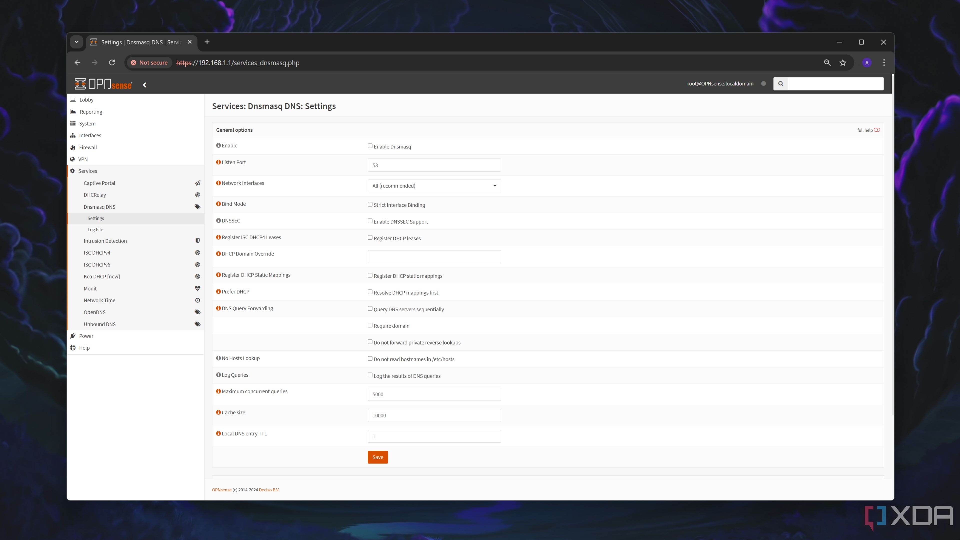 La pestaña de configuración de DNS de Dnsmasq en la interfaz web de OPNsense