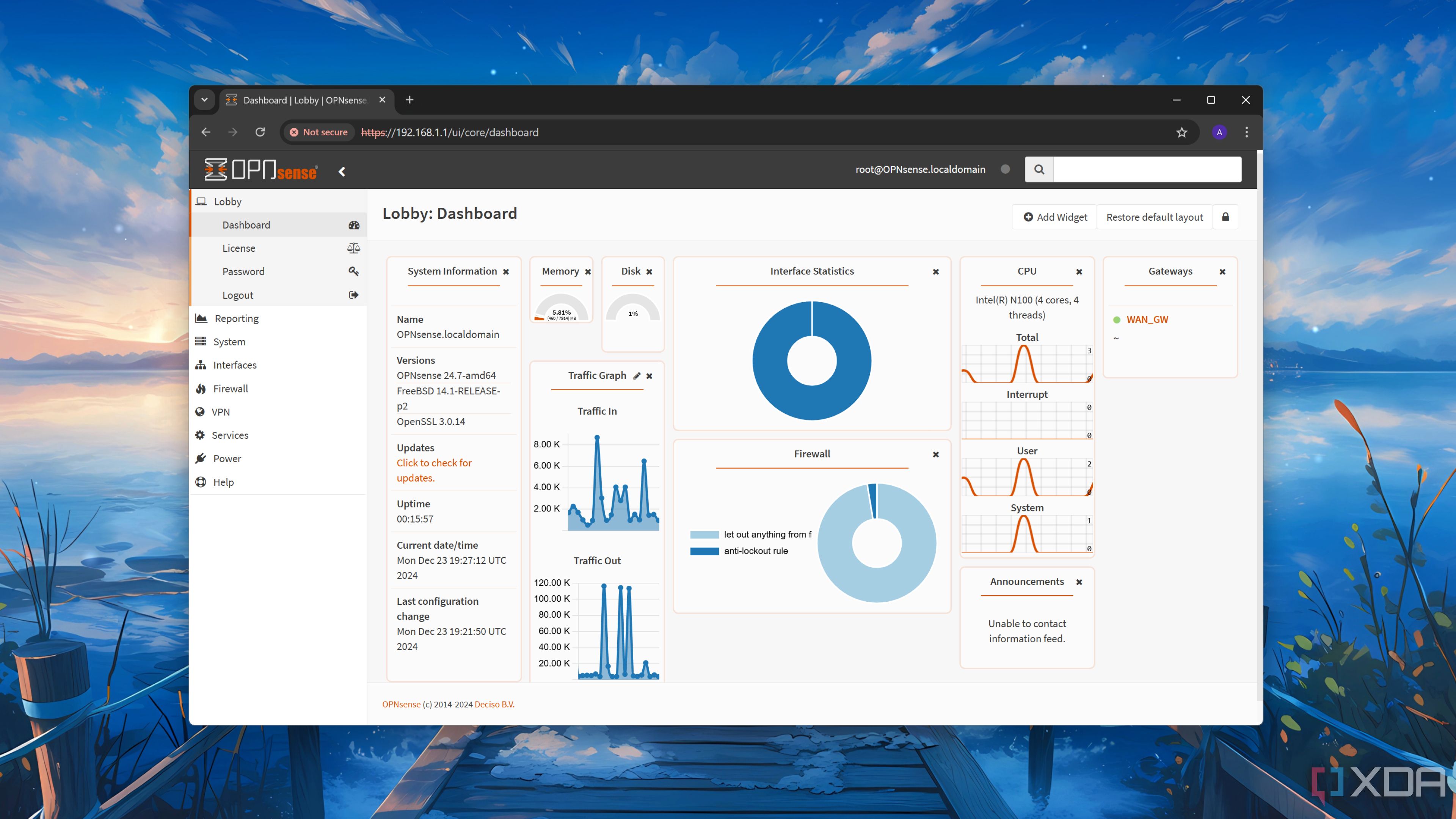 El panel de control de OPNsense