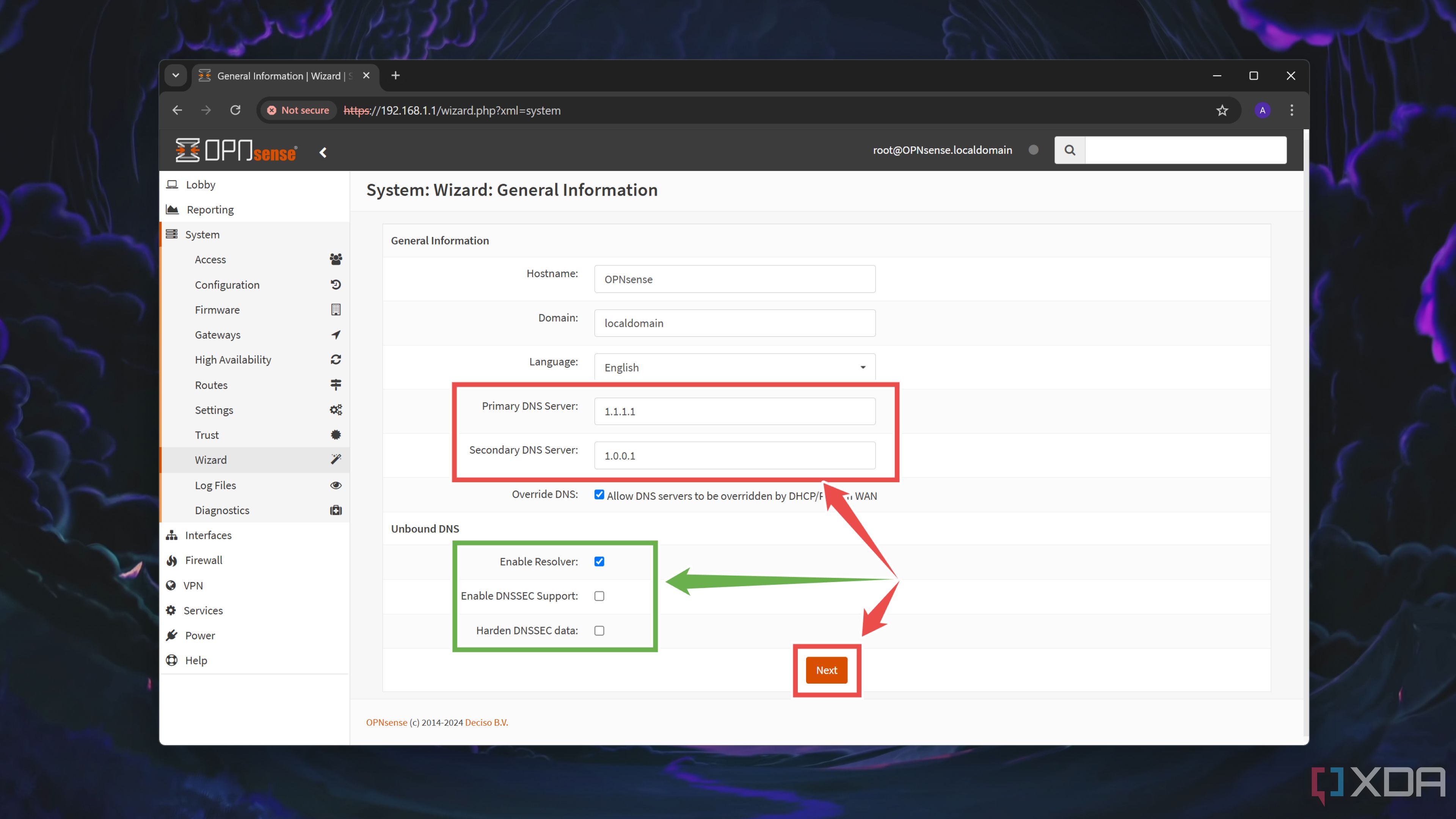 Configuración de los ajustes de información general en la interfaz web de OPNsense