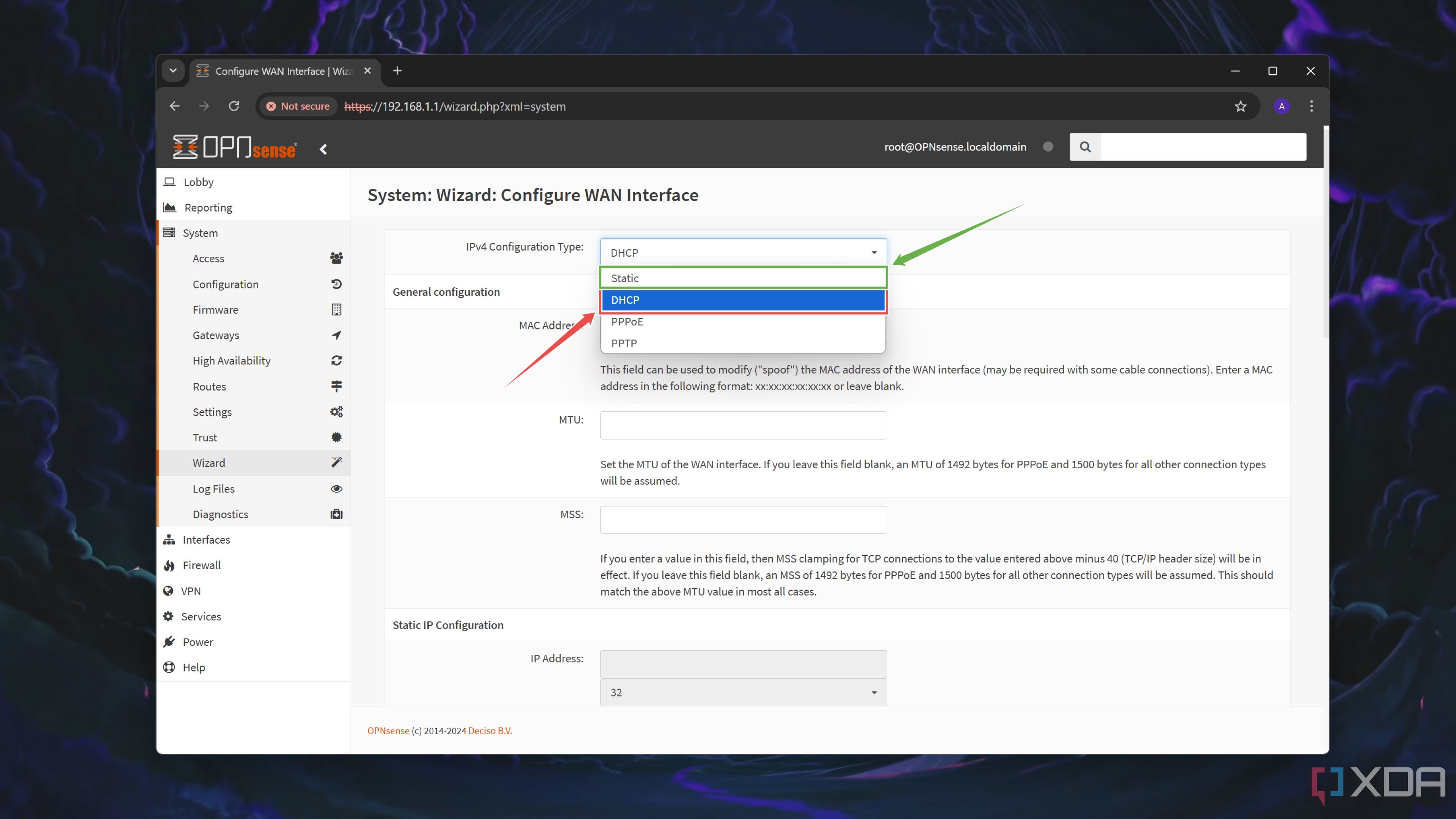 Configuración de los ajustes de información WAN en la interfaz web de OPNsense