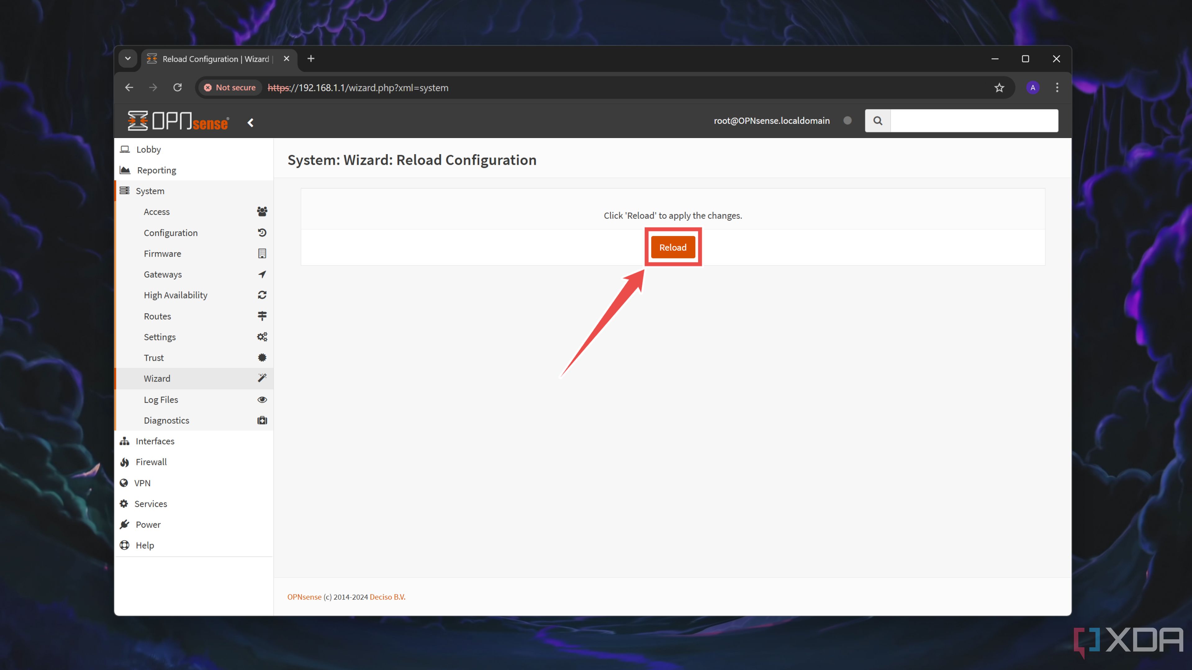 Presionando la opción Recargar en la interfaz web de OPNsense