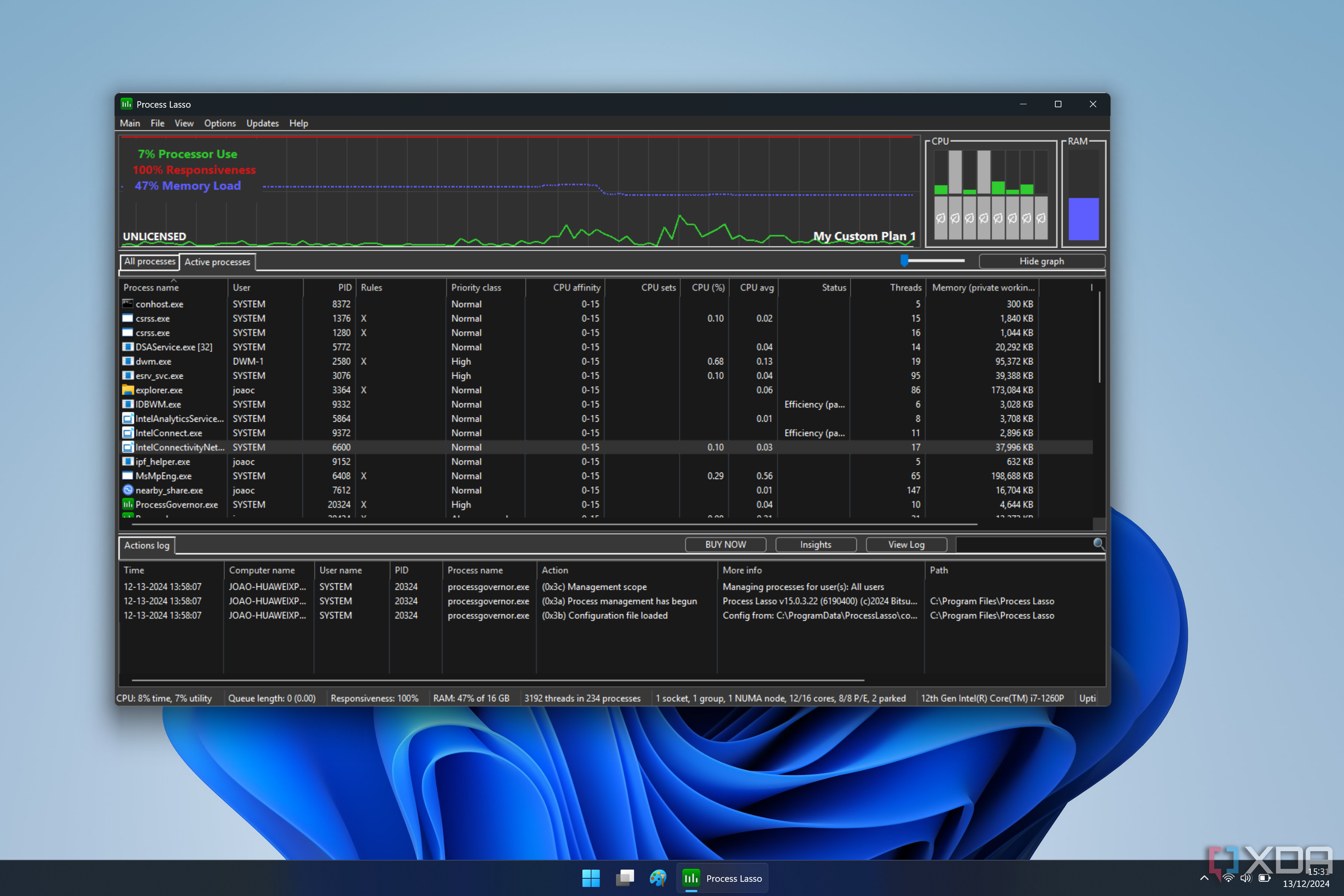 Captura de pantalla de Process Lasso que muestra los procesos en ejecución en Windows