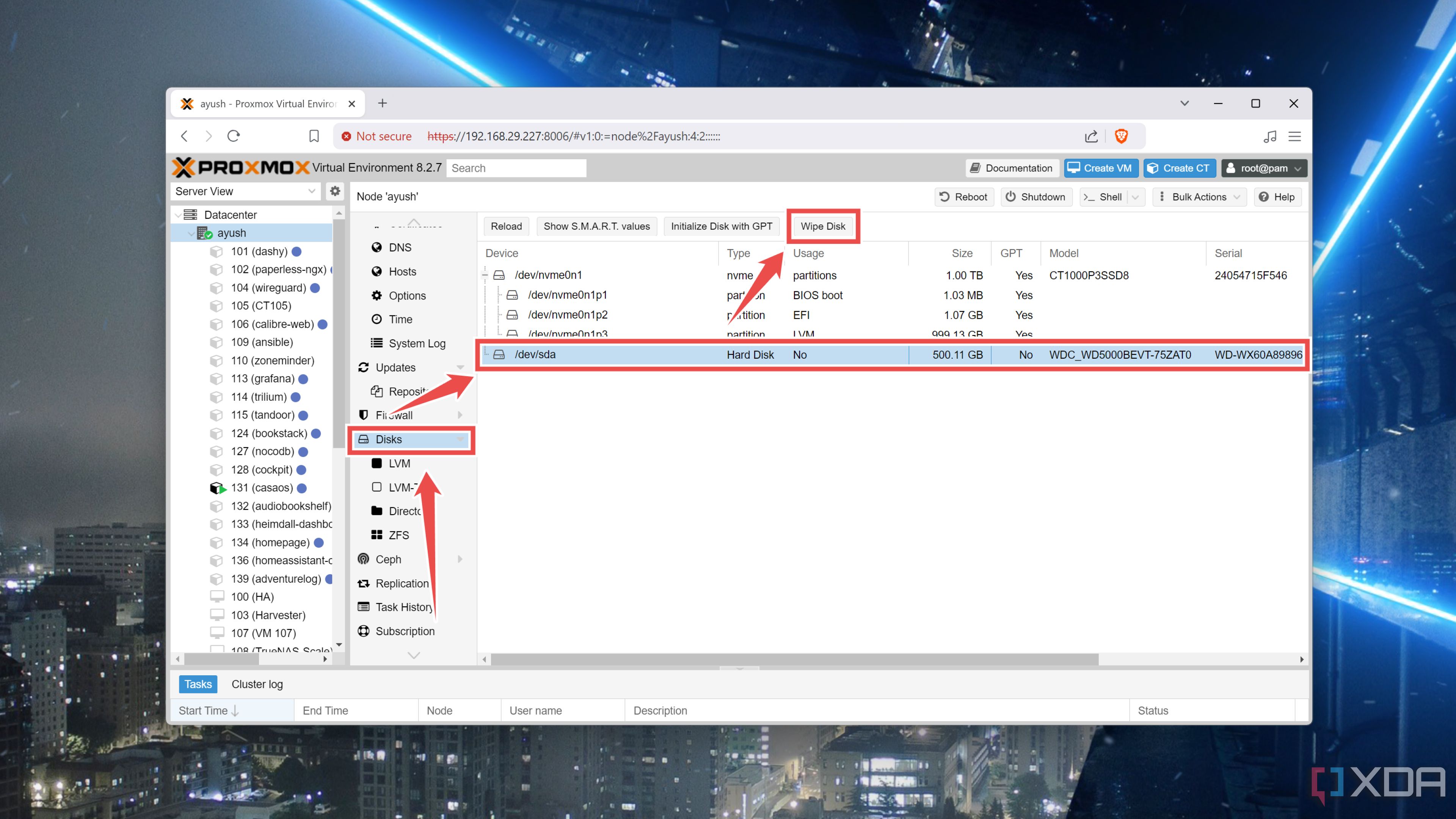 Preparación de las unidades para un grupo ZFS dentro de la interfaz web de Proxmox