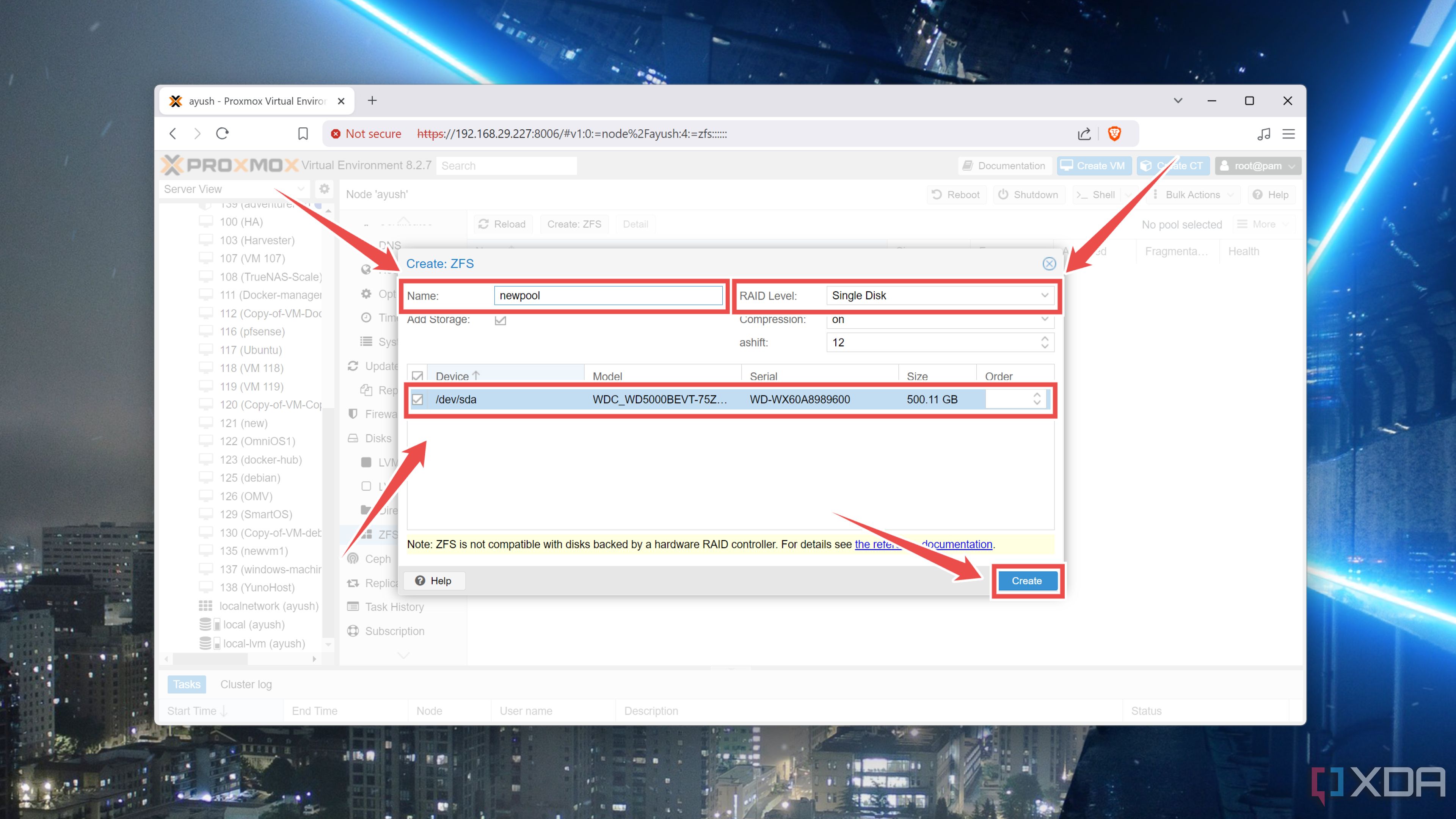 Ingresar el nombre del pool ZFS en Proxmox