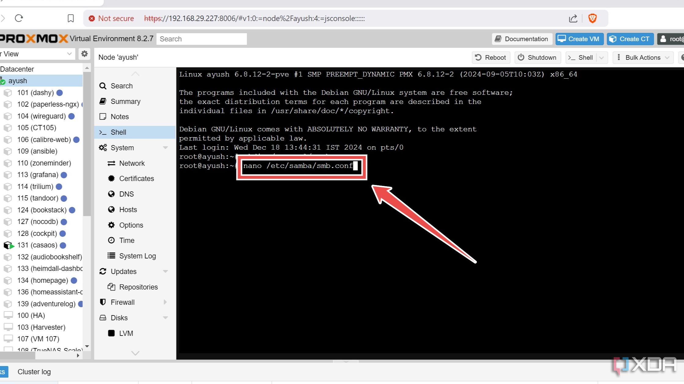 Cómo acceder al archivo smb.conf en Proxmox