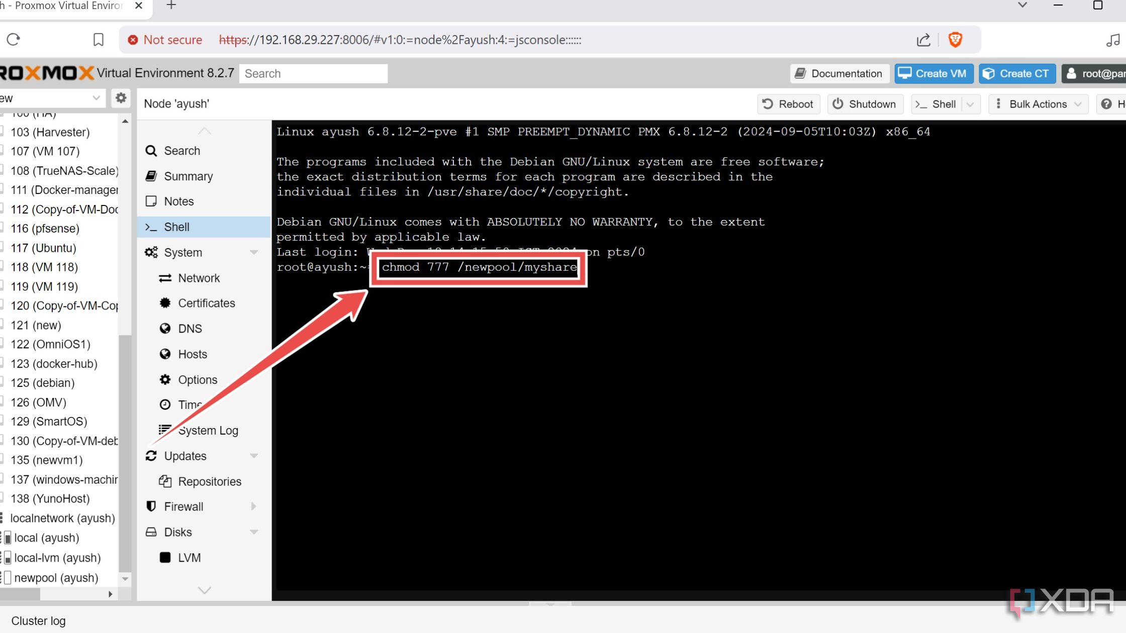 Ejecución del comando chmod en la interfaz web de Proxmox