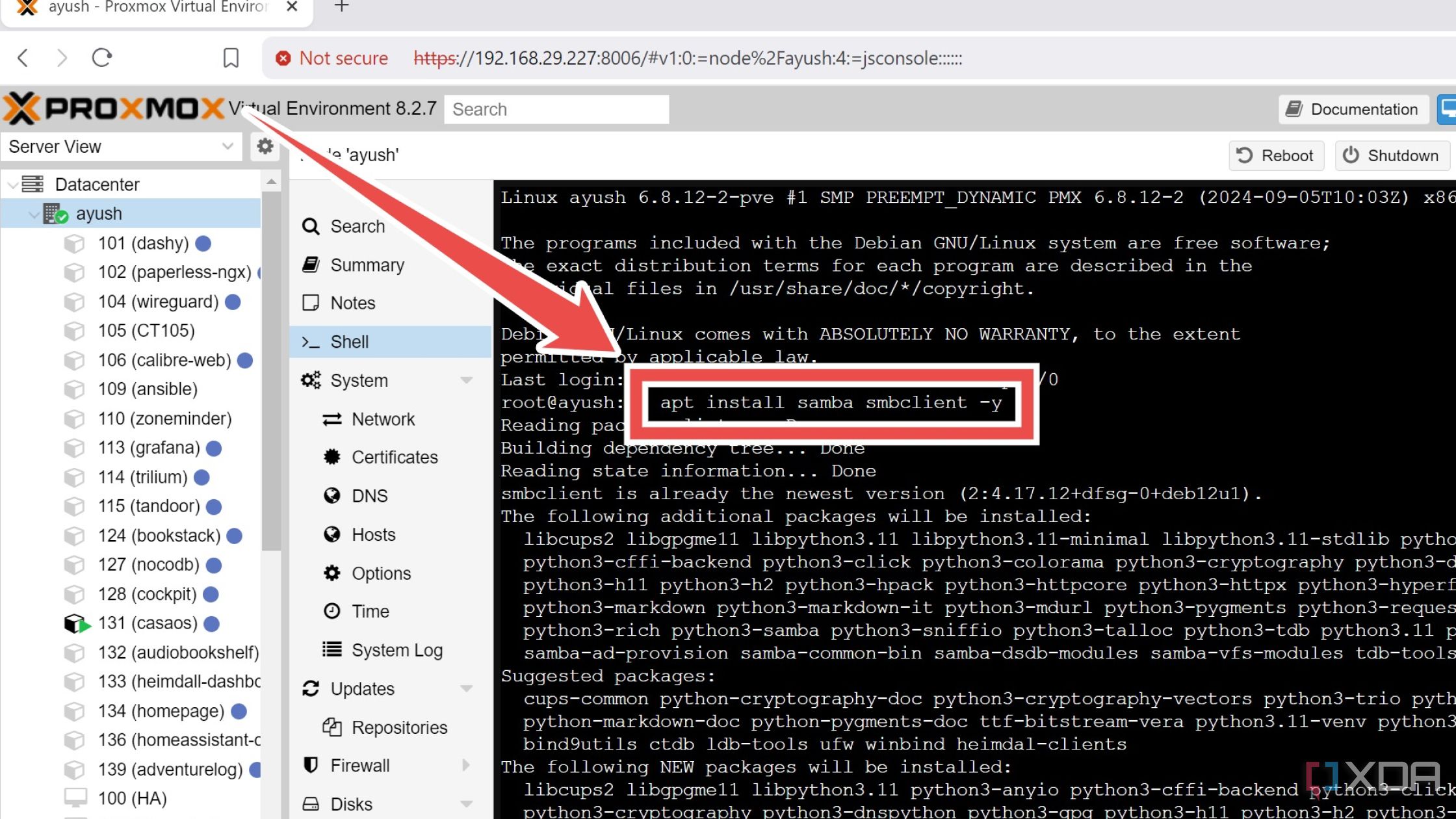 Instalación de los paquetes Samba en Proxmox