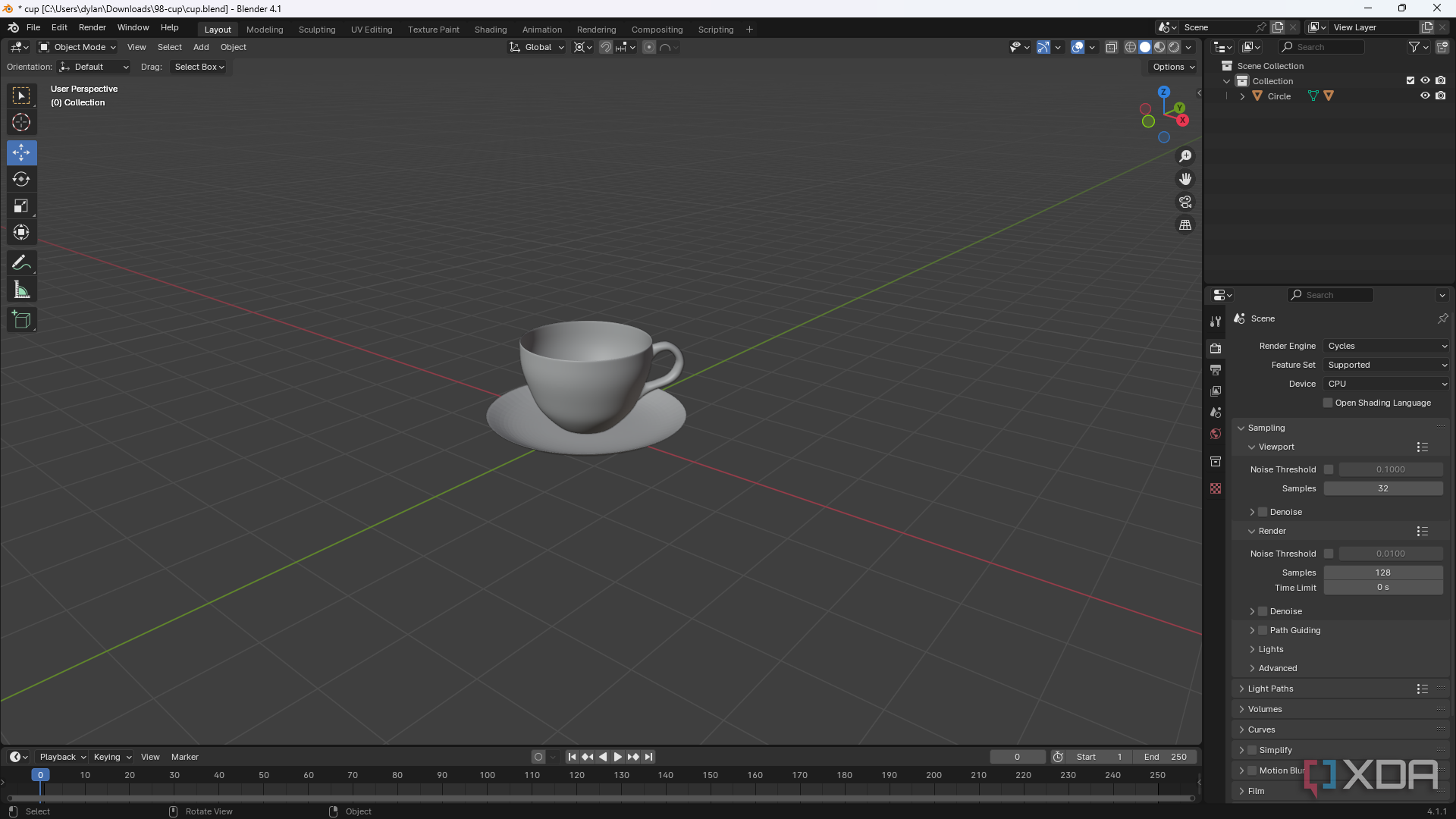 Un modelo 3D de una taza y un platillo en Blender