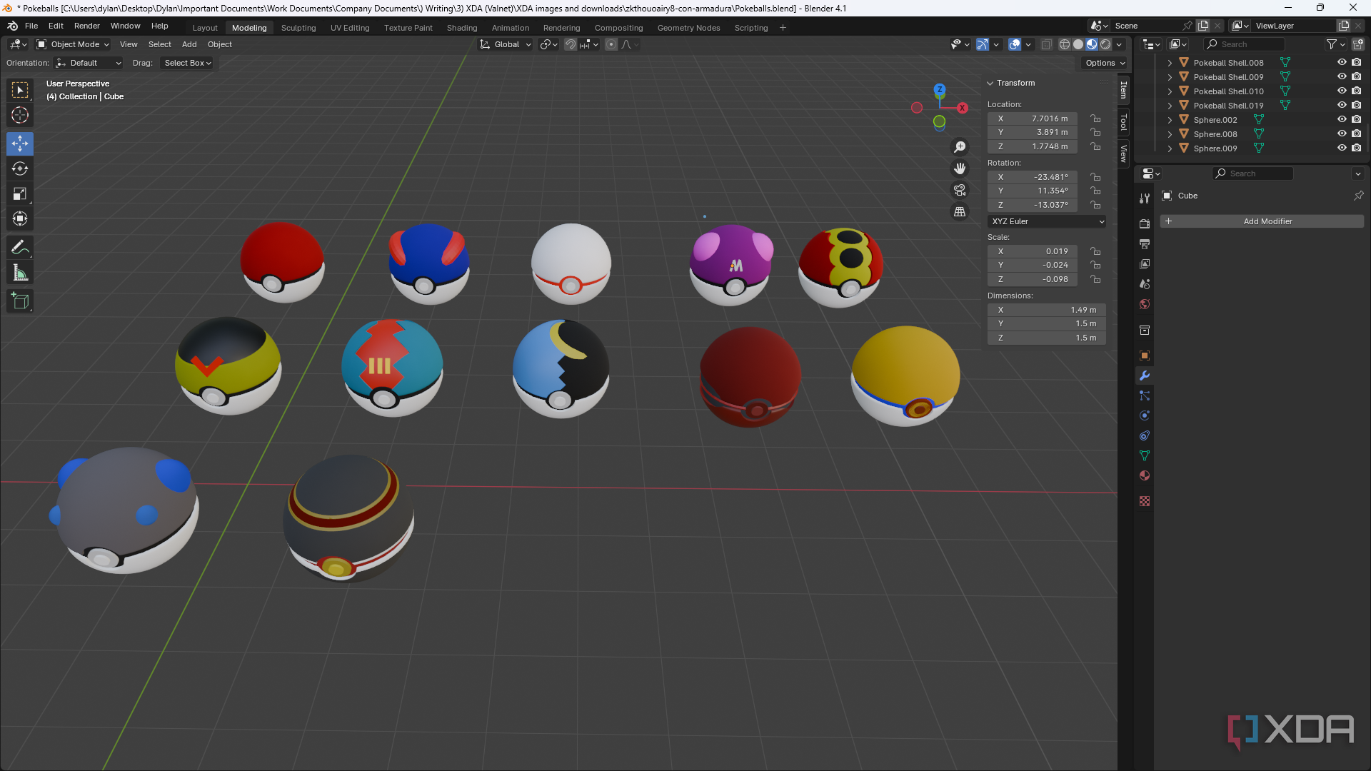 Múltiples modelos 3D de variaciones de pokeball en Blender