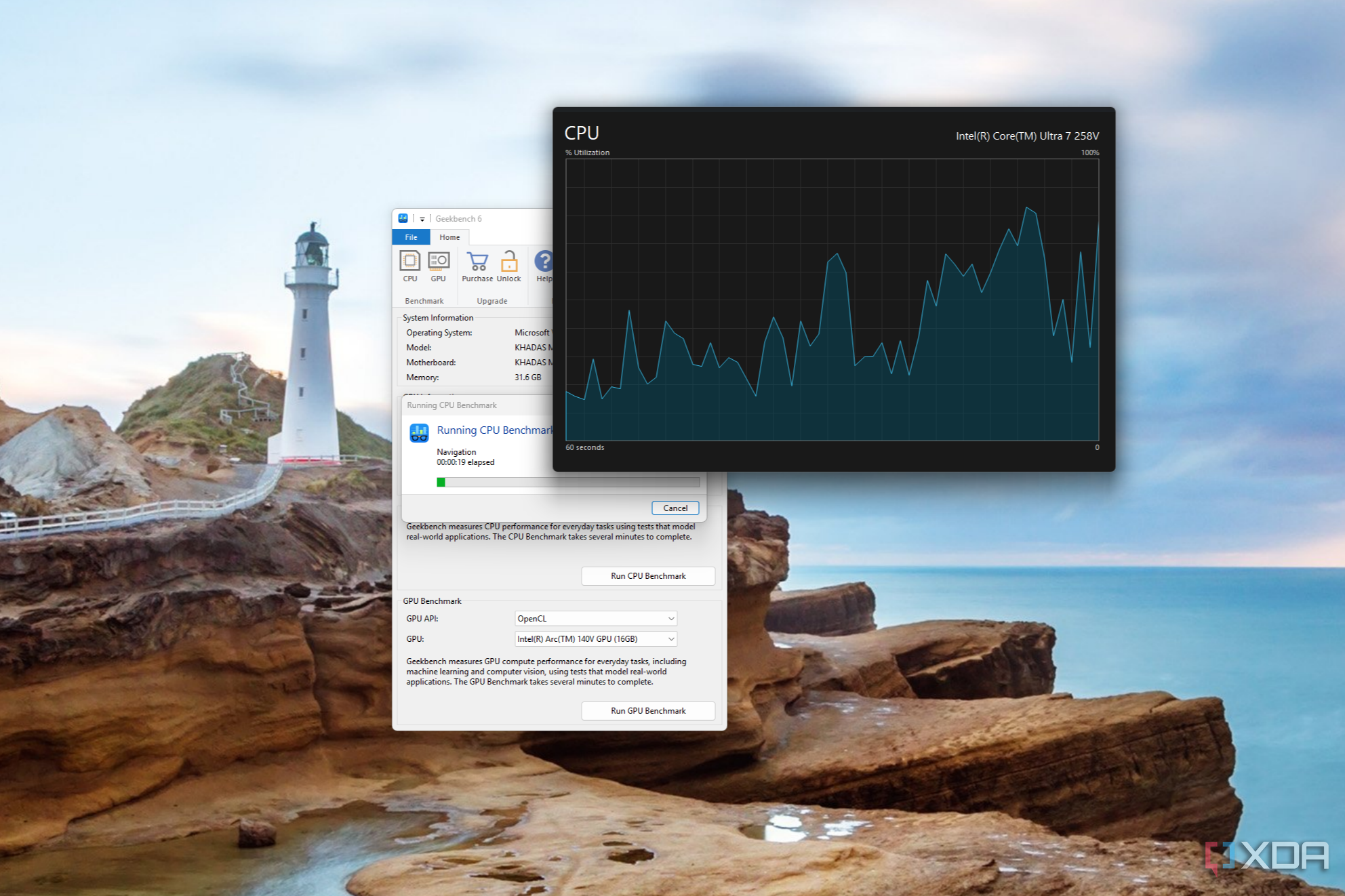 Captura de pantalla de un gráfico de CPU del Administrador de tareas junto a una ventana de Geekbench mientras se ejecuta un punto de referencia