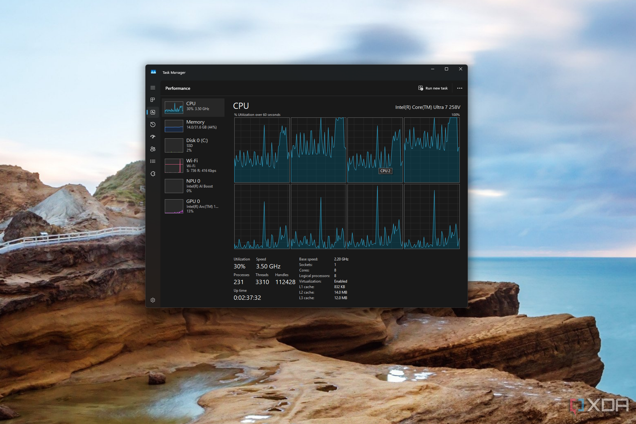 Captura de pantalla del Administrador de tareas que muestra un gráfico con la utilización de la CPU en todos los procesadores lógicos